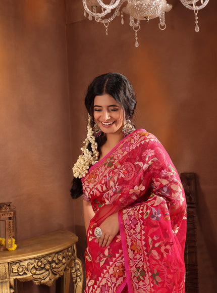 Dark Pink Real Zari Banarasi Kora Saree With Jamdani Weaves