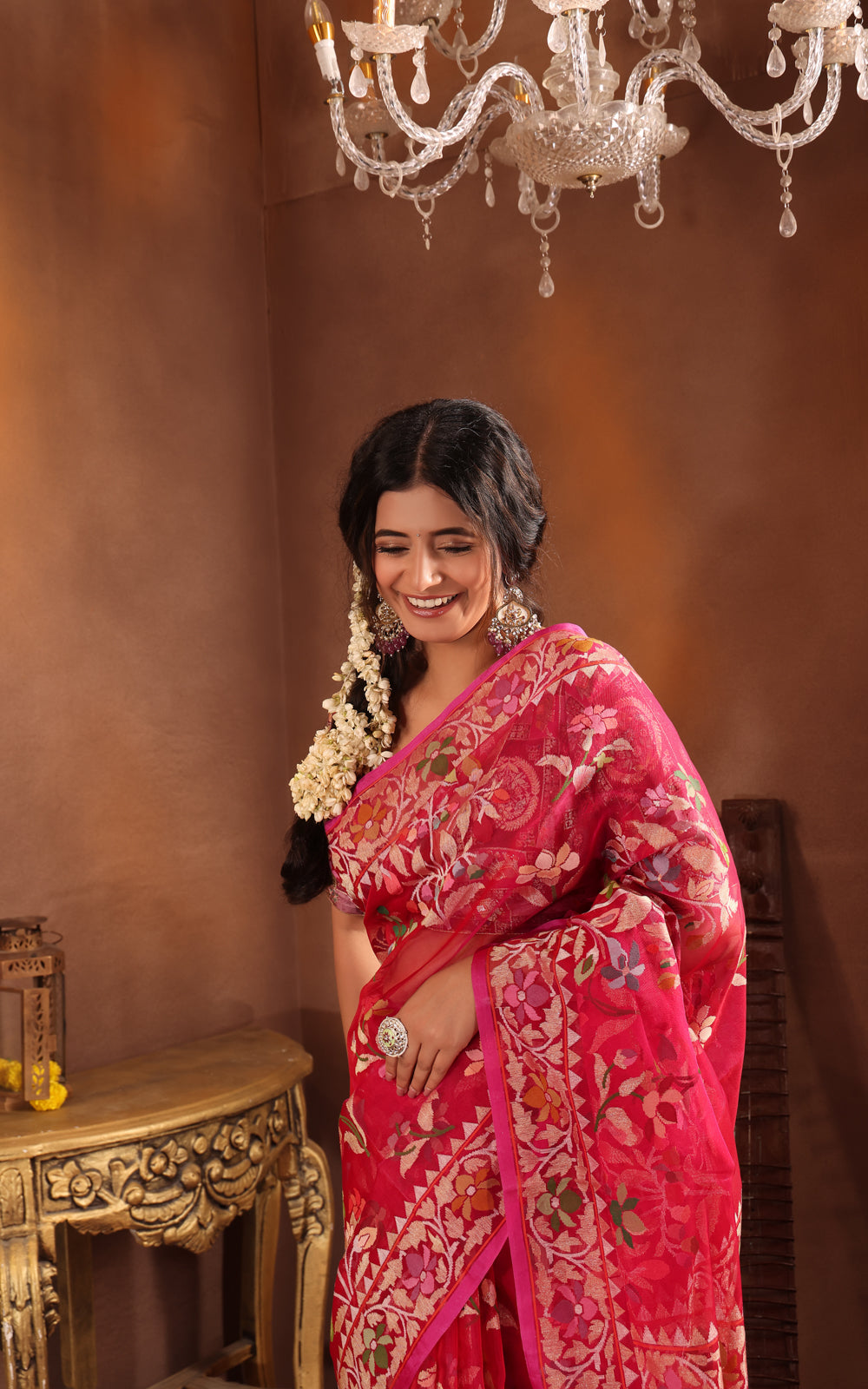 Dark Pink Real Zari Banarasi Kora Saree With Jamdani Weaves