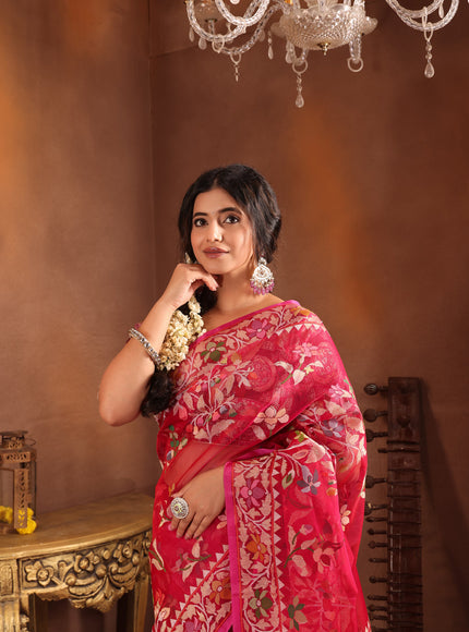 Dark Pink Real Zari Banarasi Kora Saree With Jamdani Weaves
