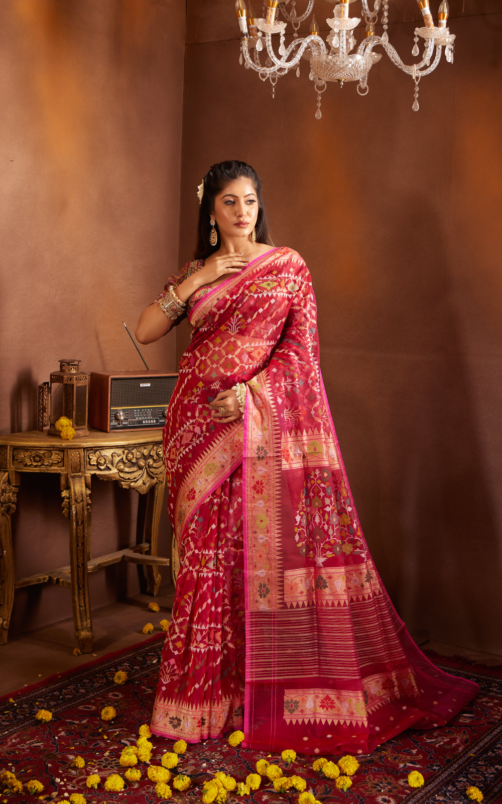 Magenta Pinkreal Zari Banarasi Kora Saree With Jamdani Weaves