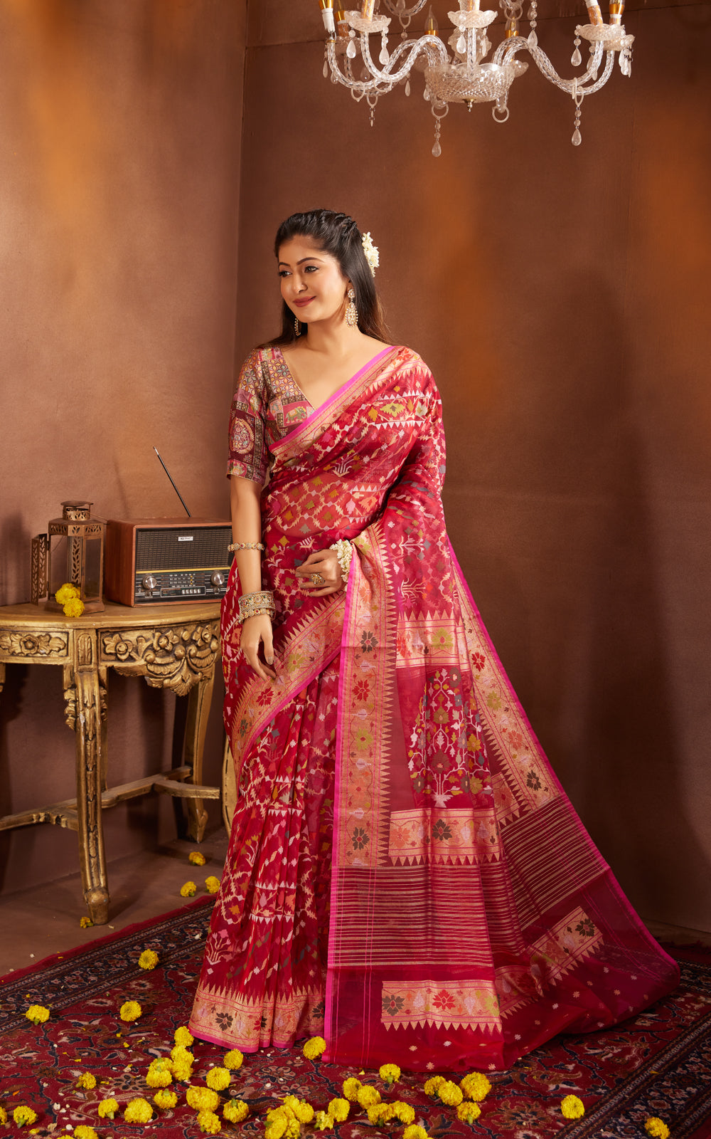 Magenta Pinkreal Zari Banarasi Kora Saree With Jamdani Weaves