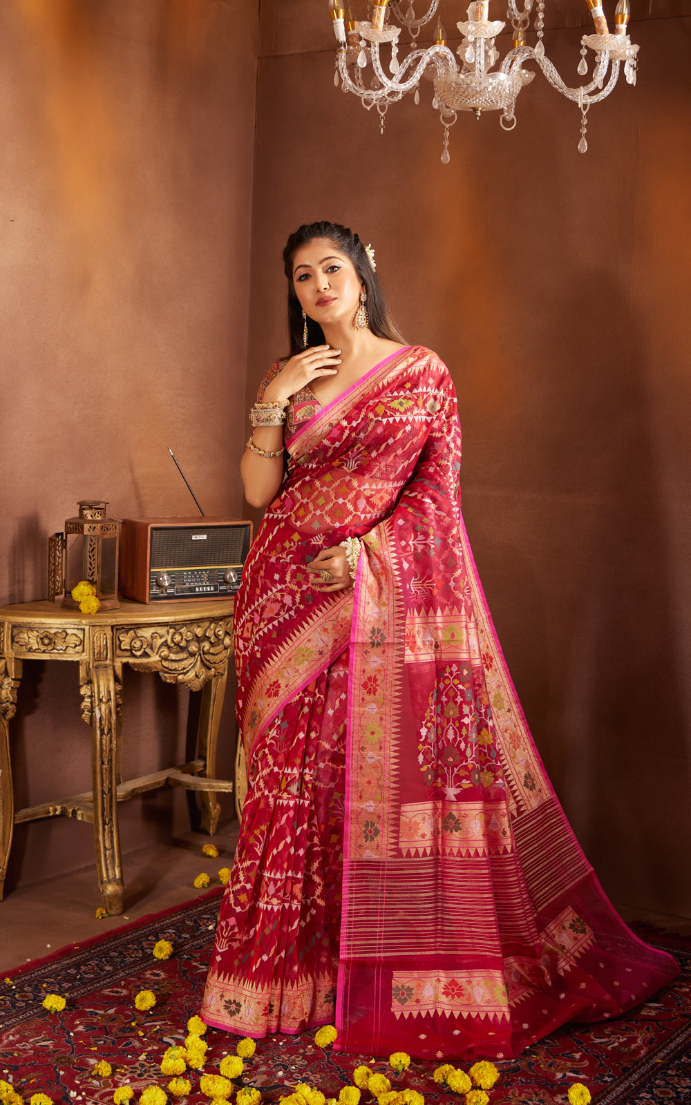 Magenta Pinkreal Zari Banarasi Kora Saree With Jamdani Weaves