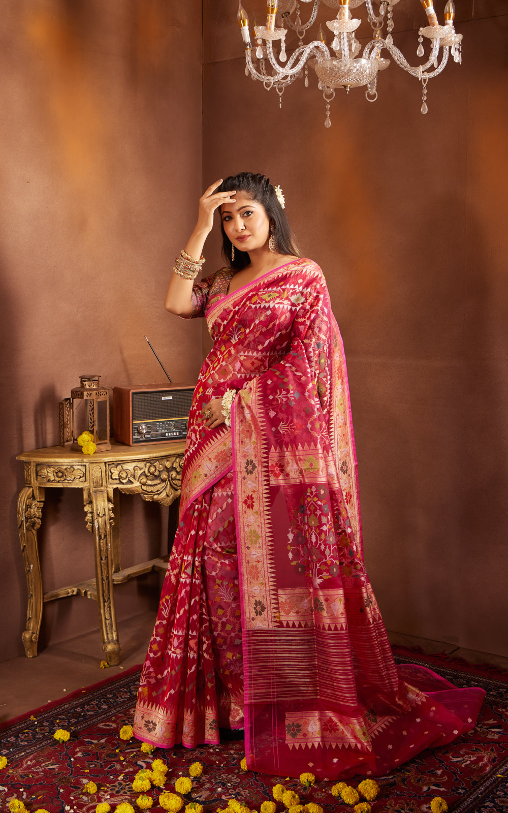 Magenta Pinkreal Zari Banarasi Kora Saree With Jamdani Weaves