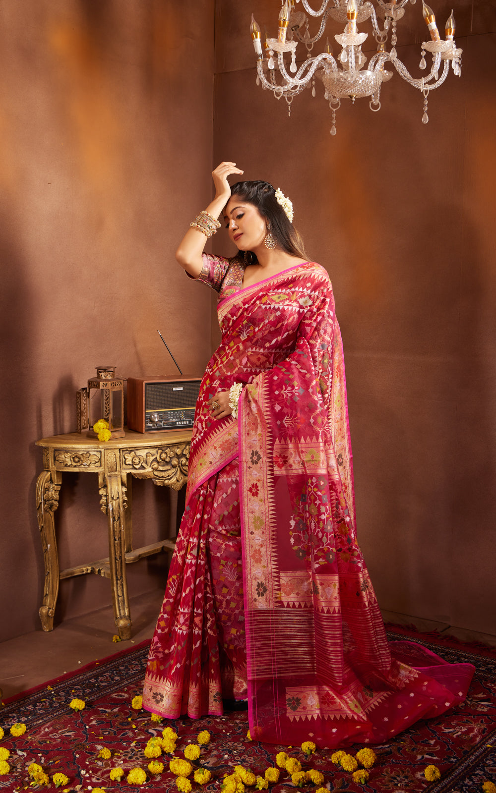 Magenta Pinkreal Zari Banarasi Kora Saree With Jamdani Weaves