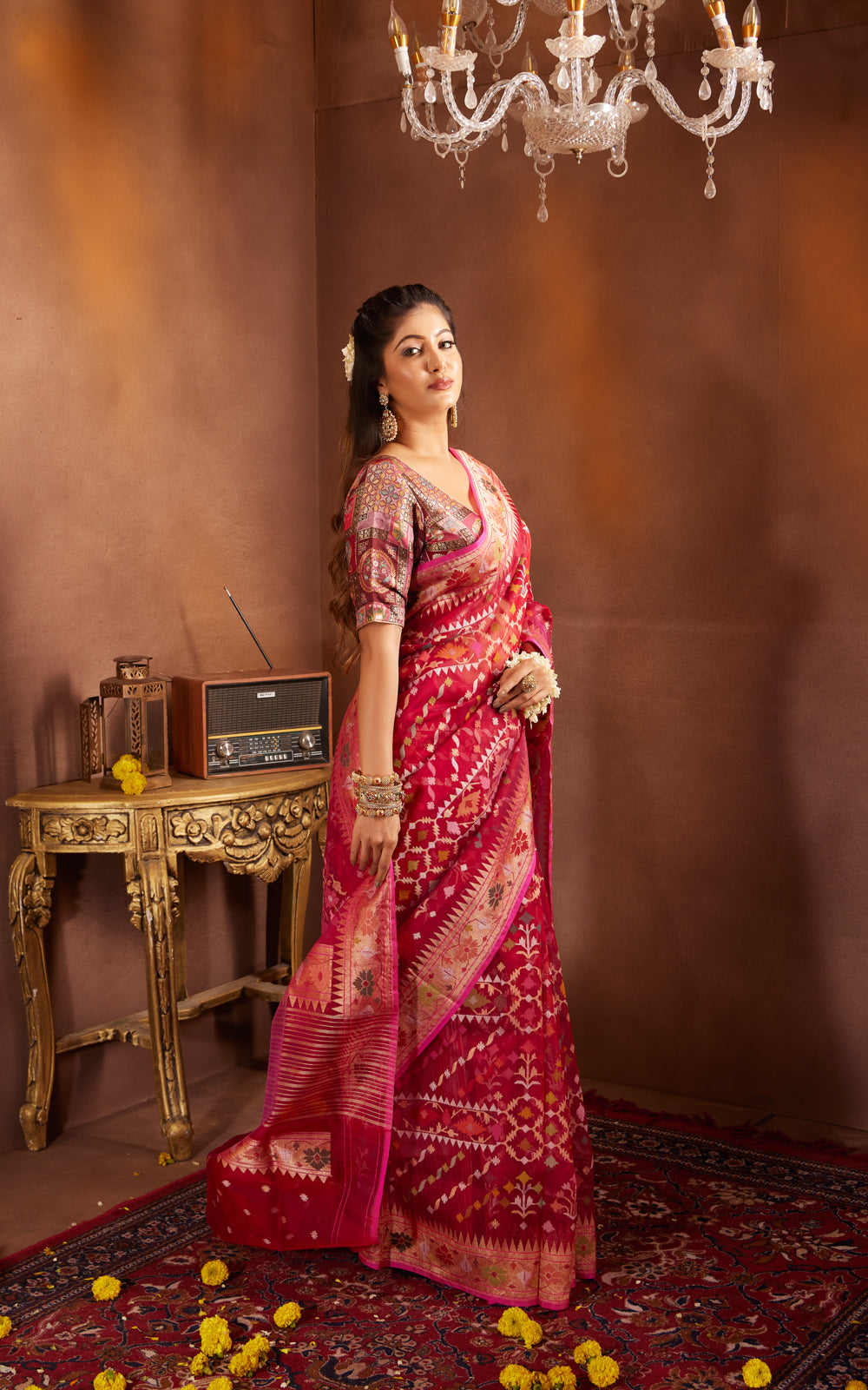 Magenta Pinkreal Zari Banarasi Kora Saree With Jamdani Weaves