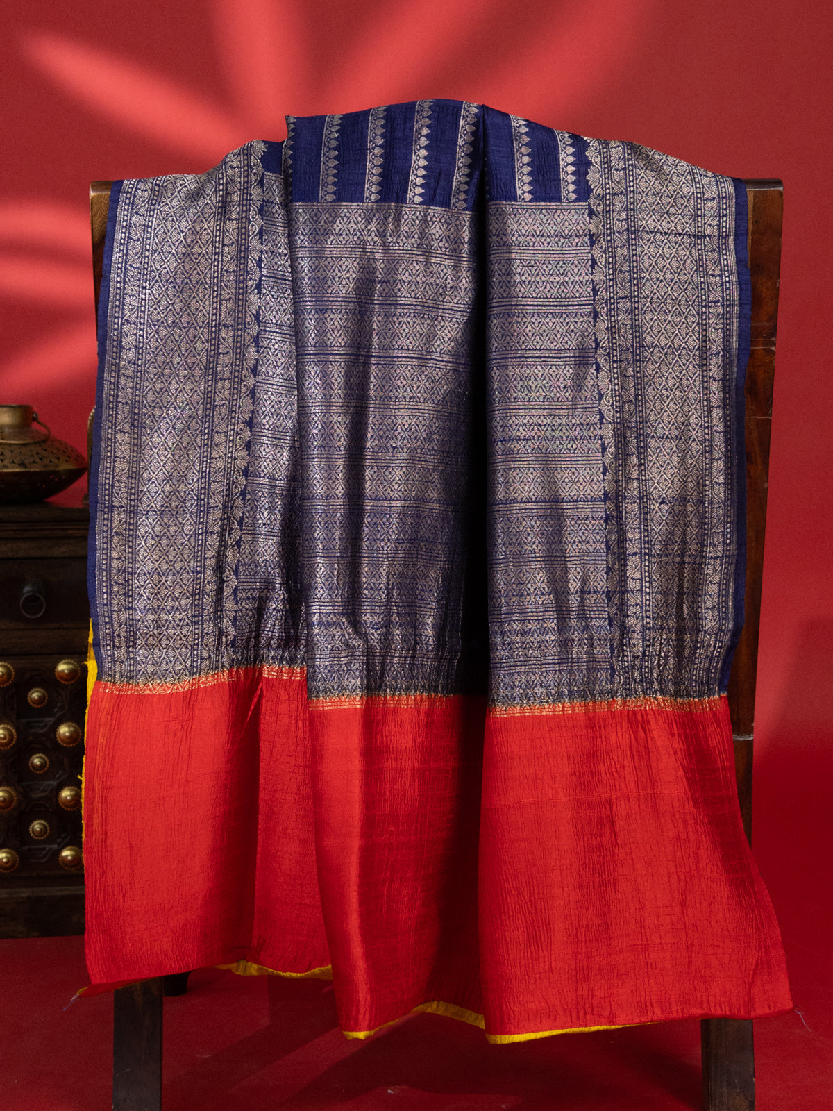 Blue & Red Banarasi Raw Silk Saree