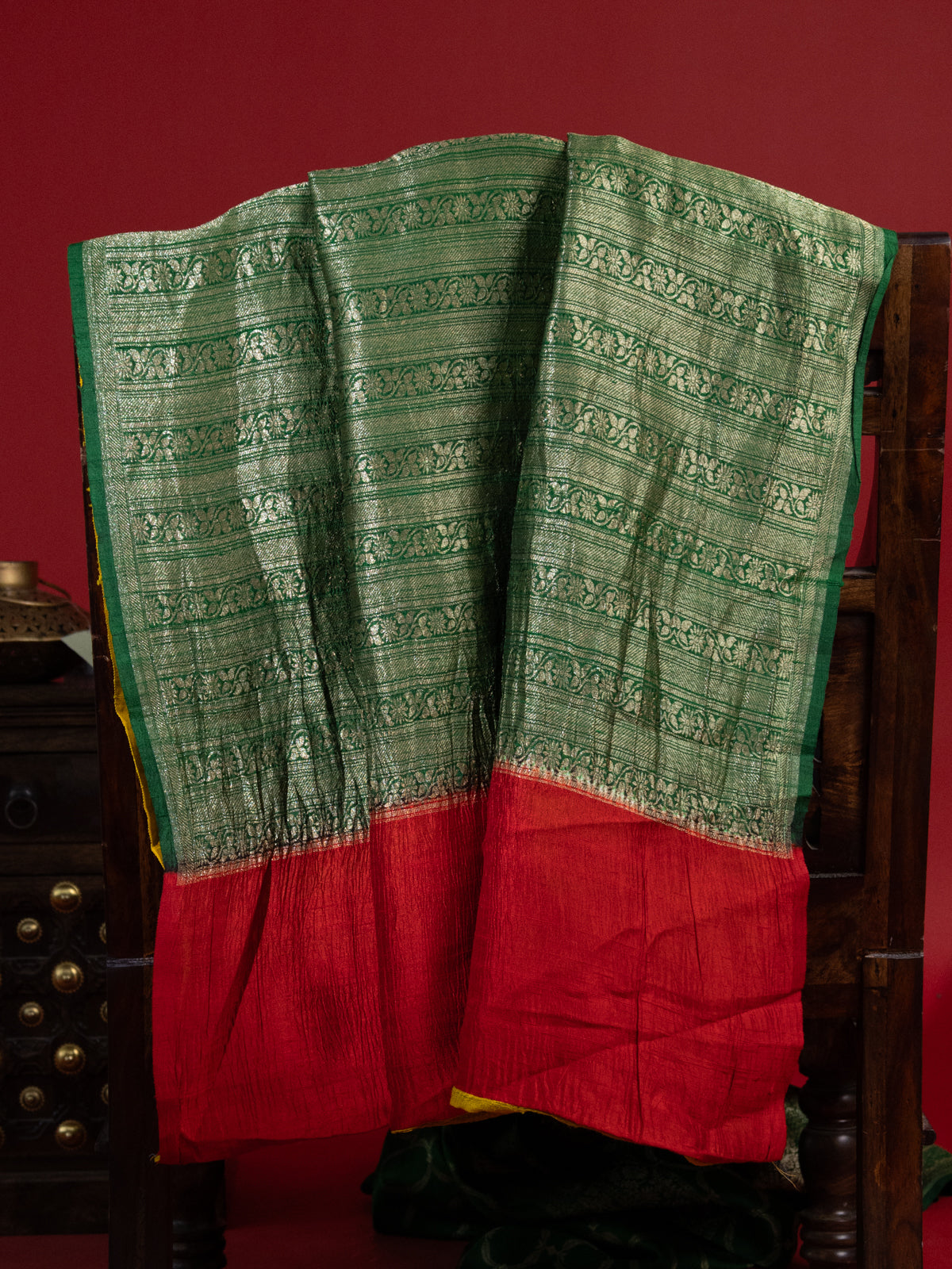 Green & Yellow Banarasi Raw Silk Saree
