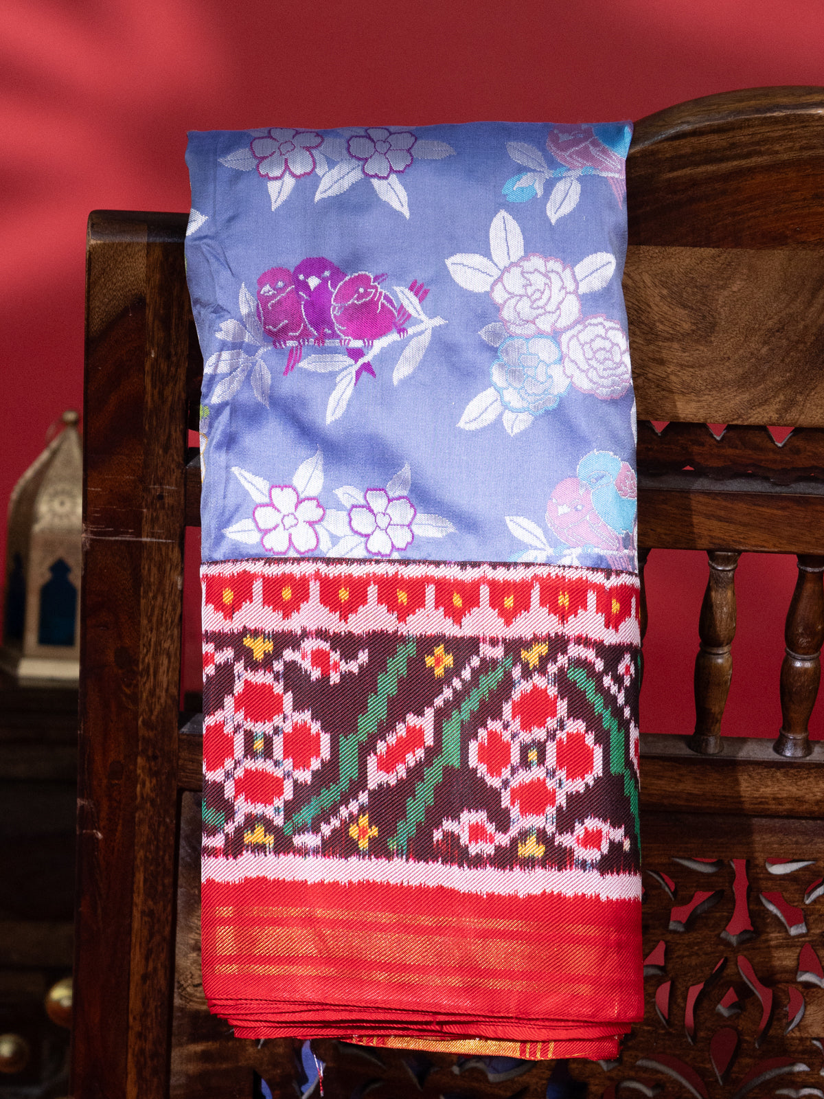 Blue & Red Banarasi Silk Saree With Patola Border