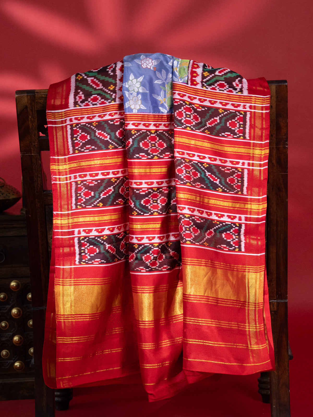 Blue & Red Banarasi Silk Saree With Patola Border