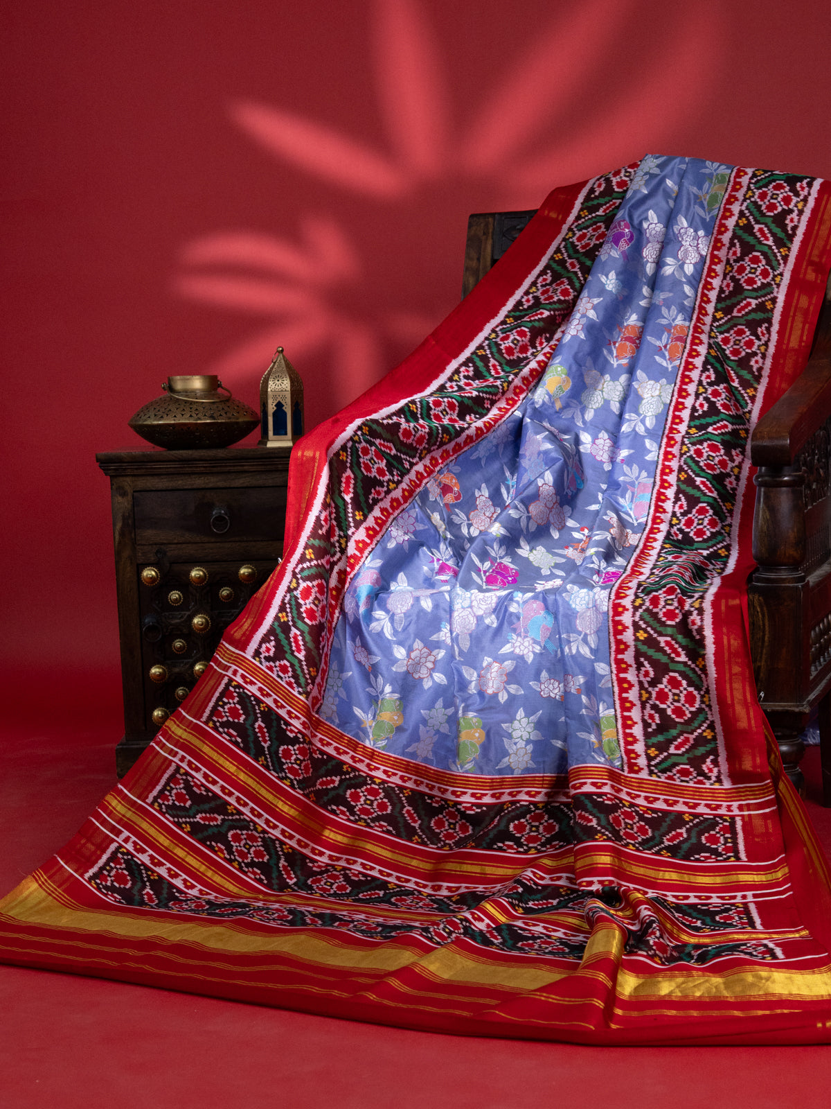 Blue & Red Banarasi Silk Saree With Patola Border