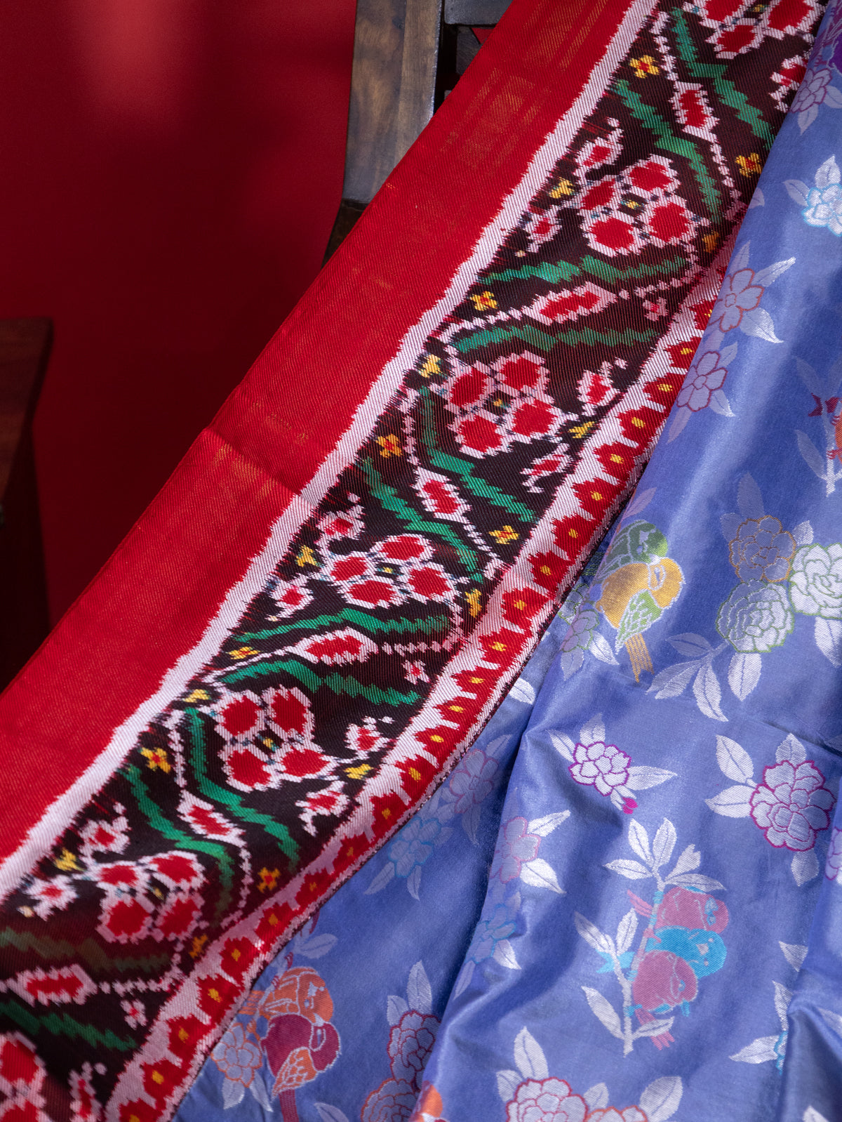 Blue & Red Banarasi Silk Saree With Patola Border