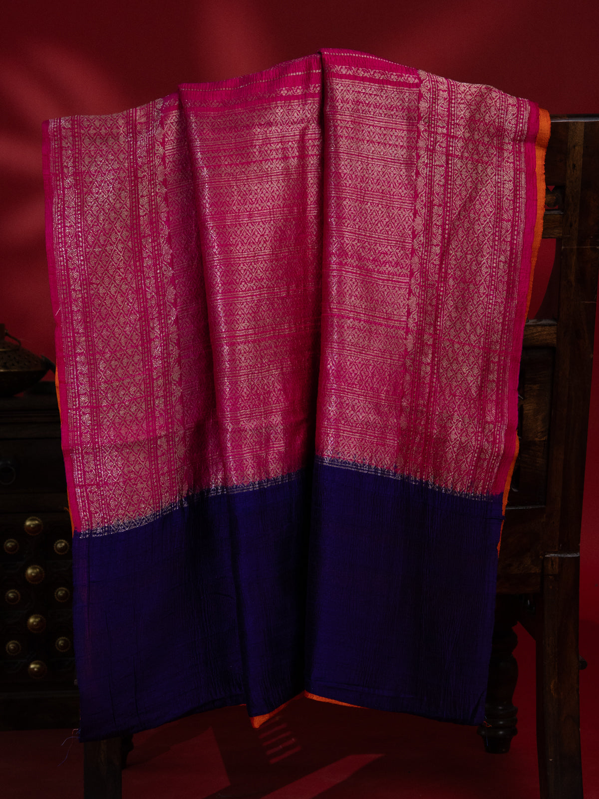 Pink & Orange Banarasi Raw Silk Saree