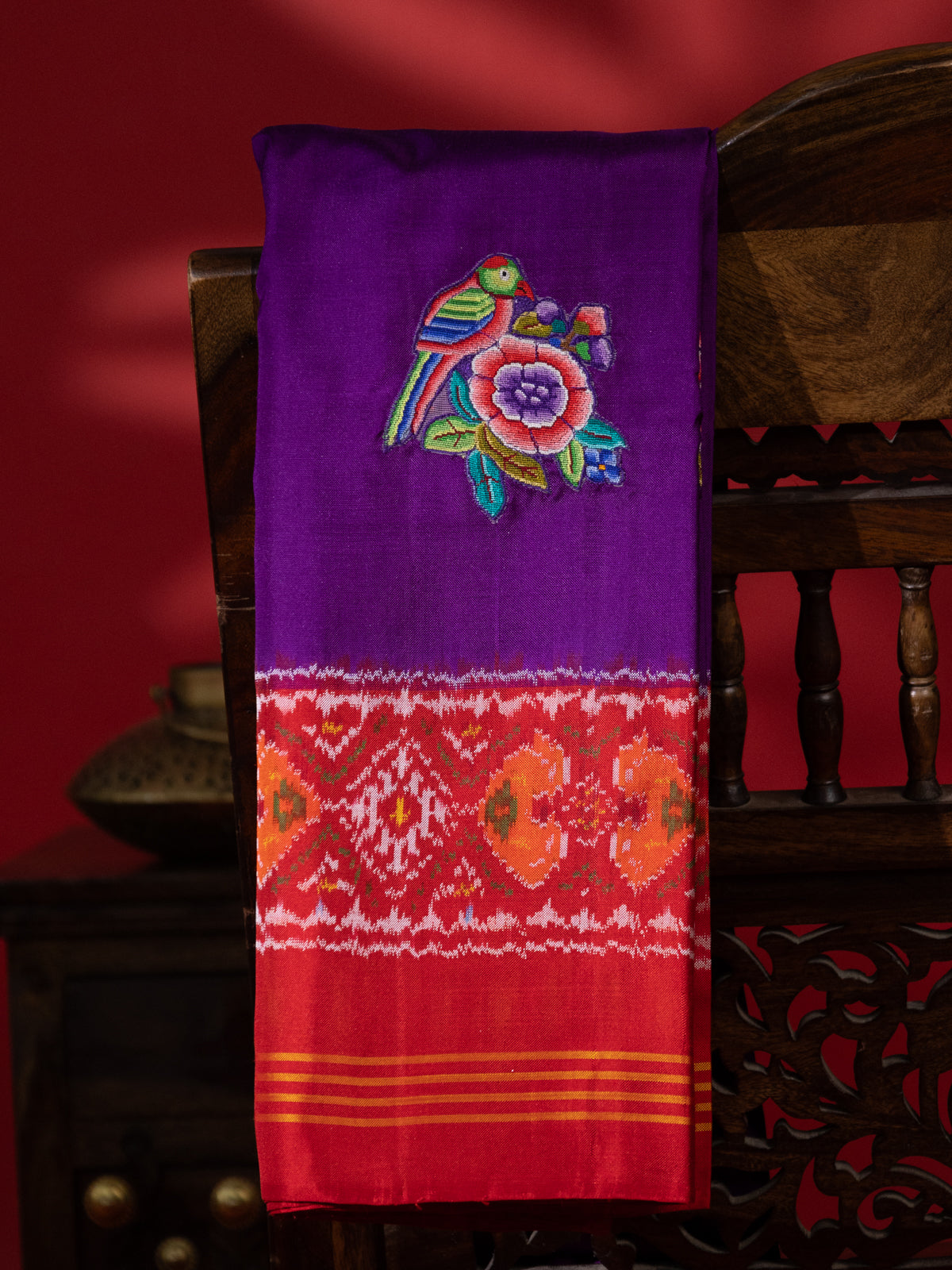 Violet & Red Patan Patola Silk Saree With Petit Point Embroidery