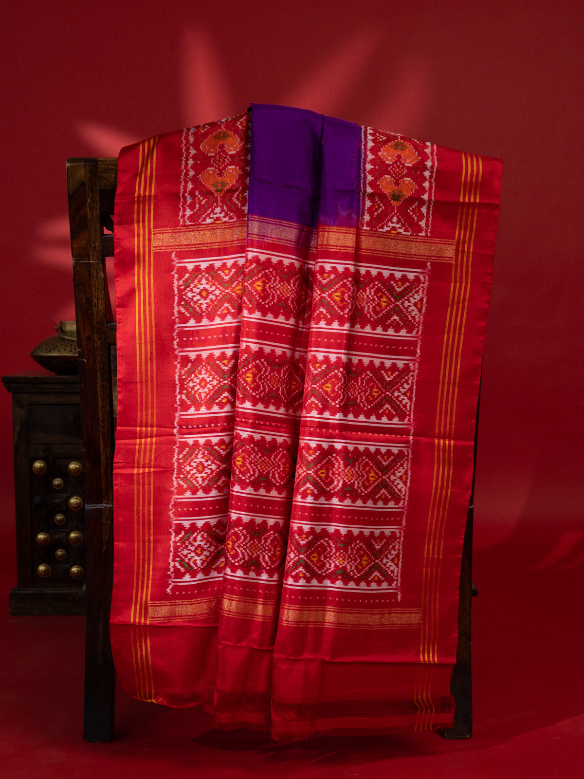 Violet & Red Patan Patola Silk Saree With Petit Point Embroidery