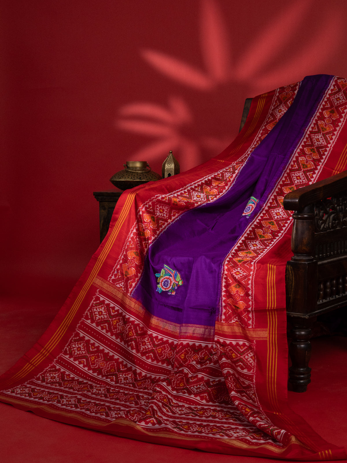 Violet & Red Patan Patola Silk Saree With Petit Point Embroidery