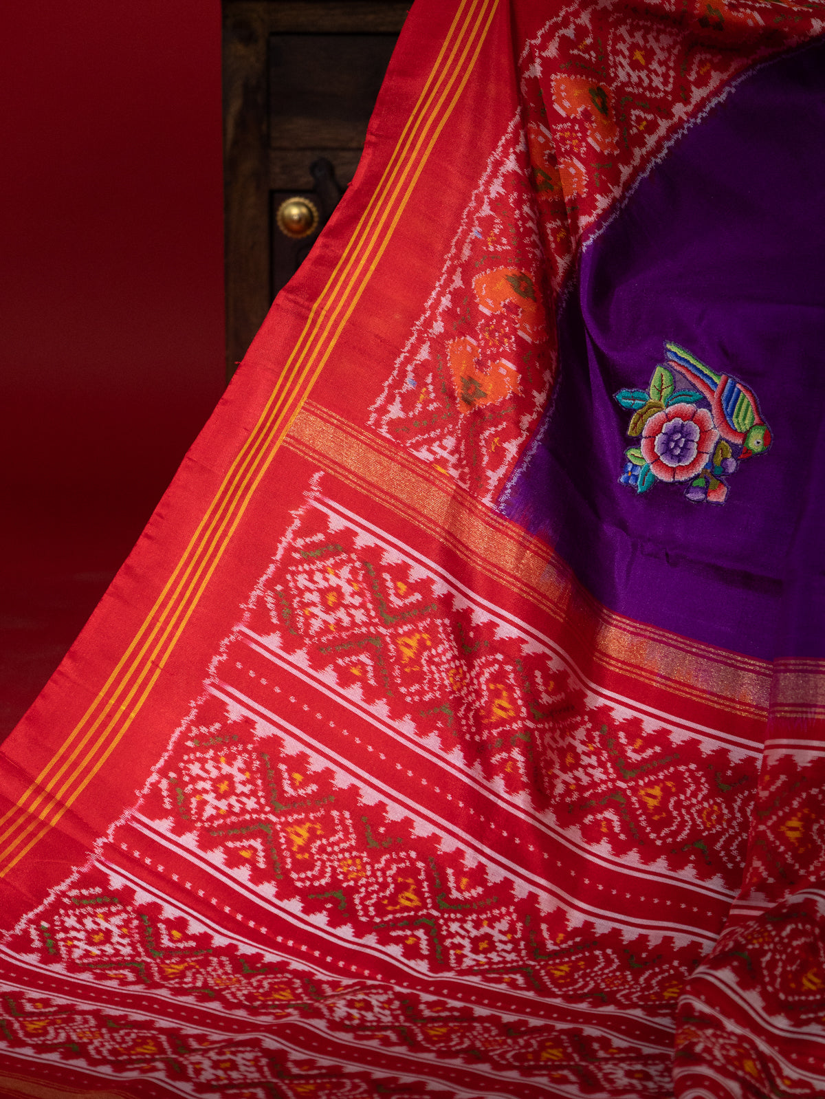 Violet & Red Patan Patola Silk Saree With Petit Point Embroidery