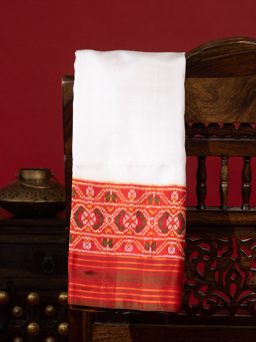 Off White & Red Patan Patola Silk Saree With Petit Point Embroidery