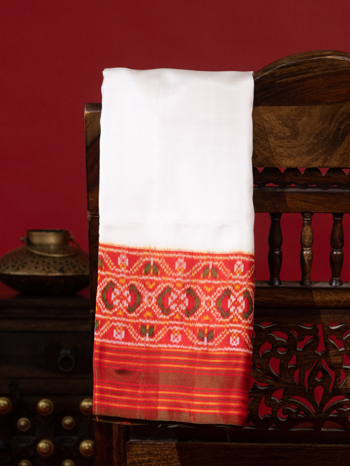 Off White & Red Patan Patola Silk Saree With Petit Point Embroidery