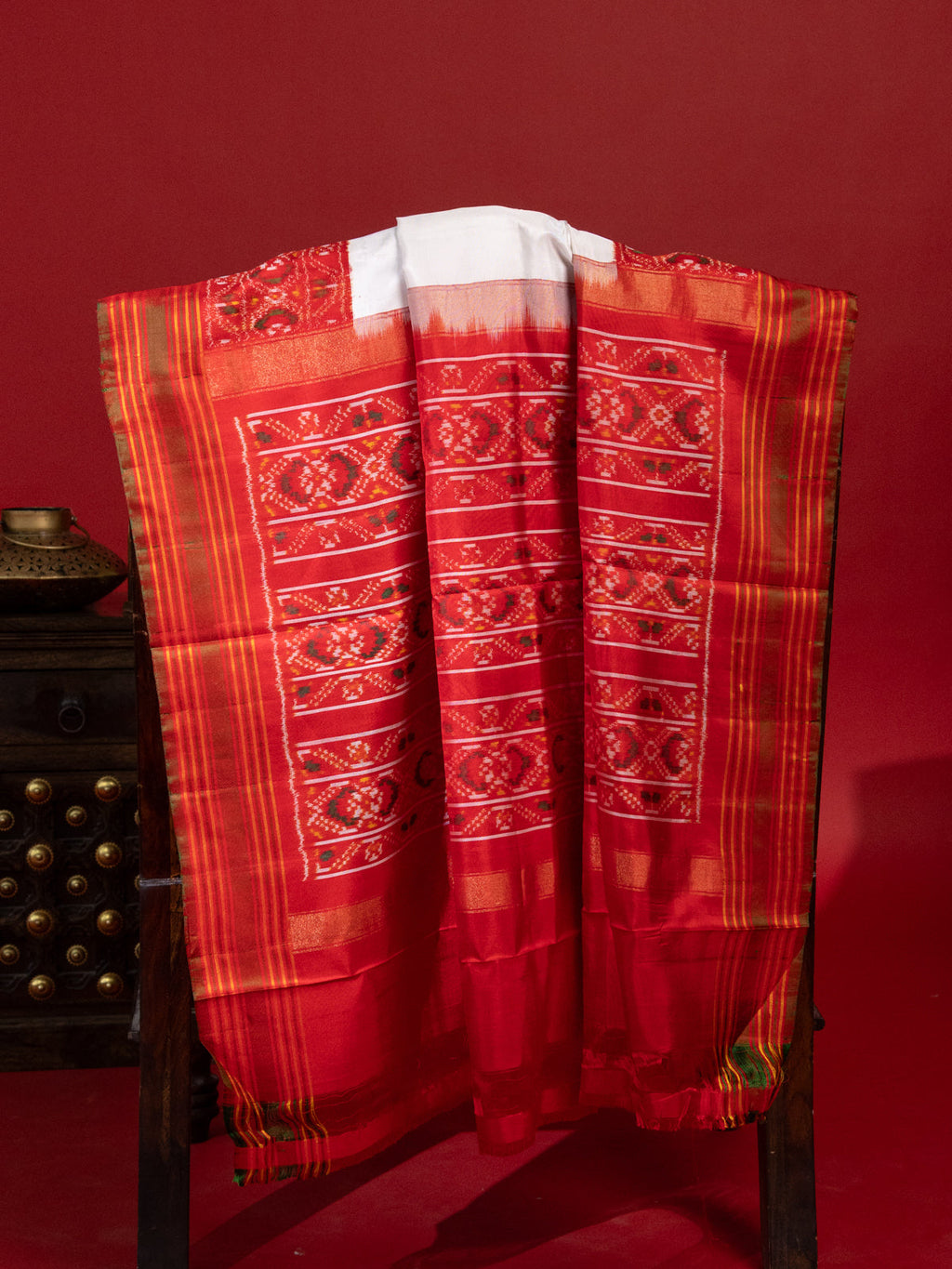 Off White & Red Patan Patola Silk Saree With Petit Point Embroidery