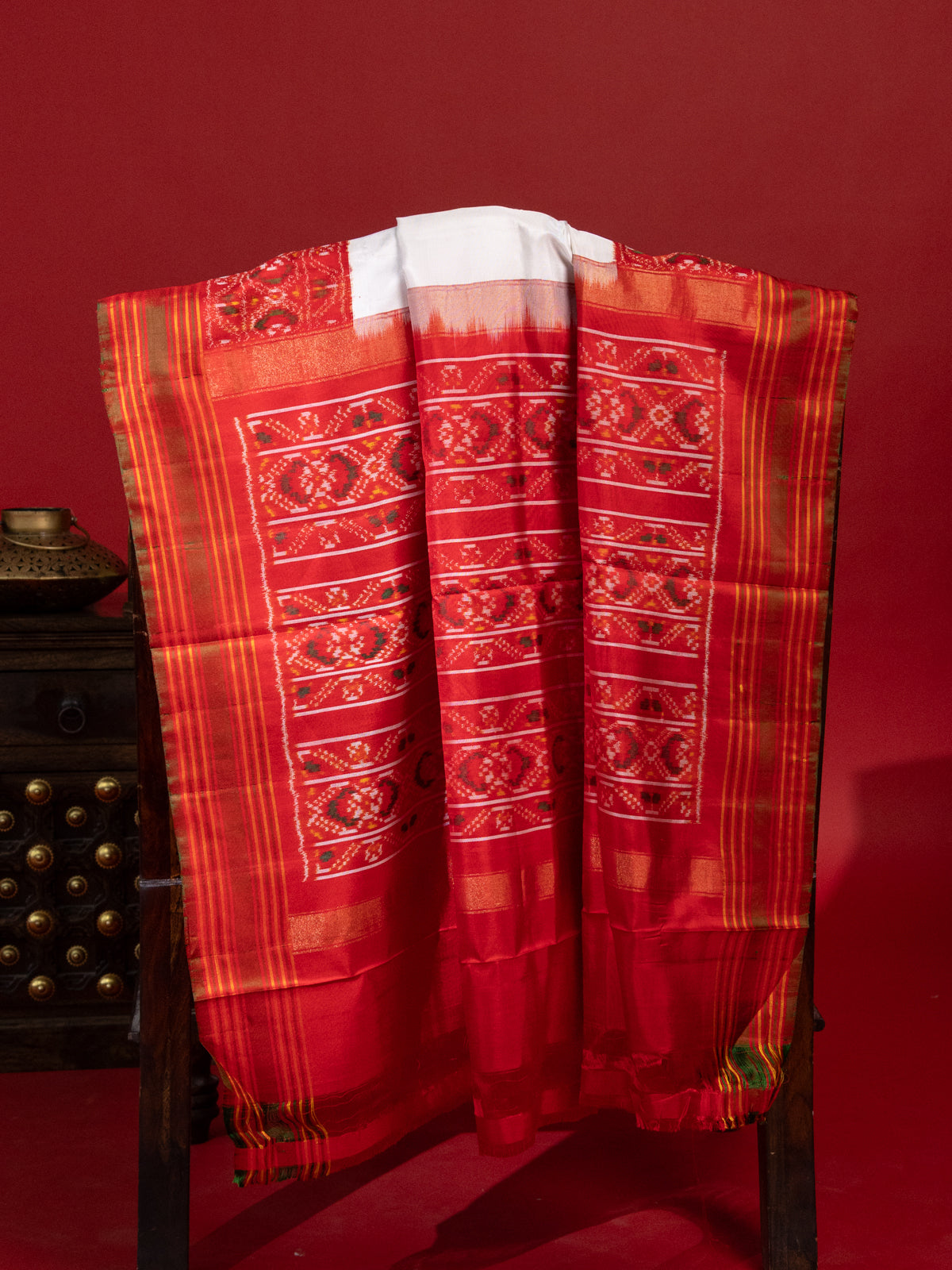 Off White & Red Patan Patola Silk Saree With Petit Point Embroidery