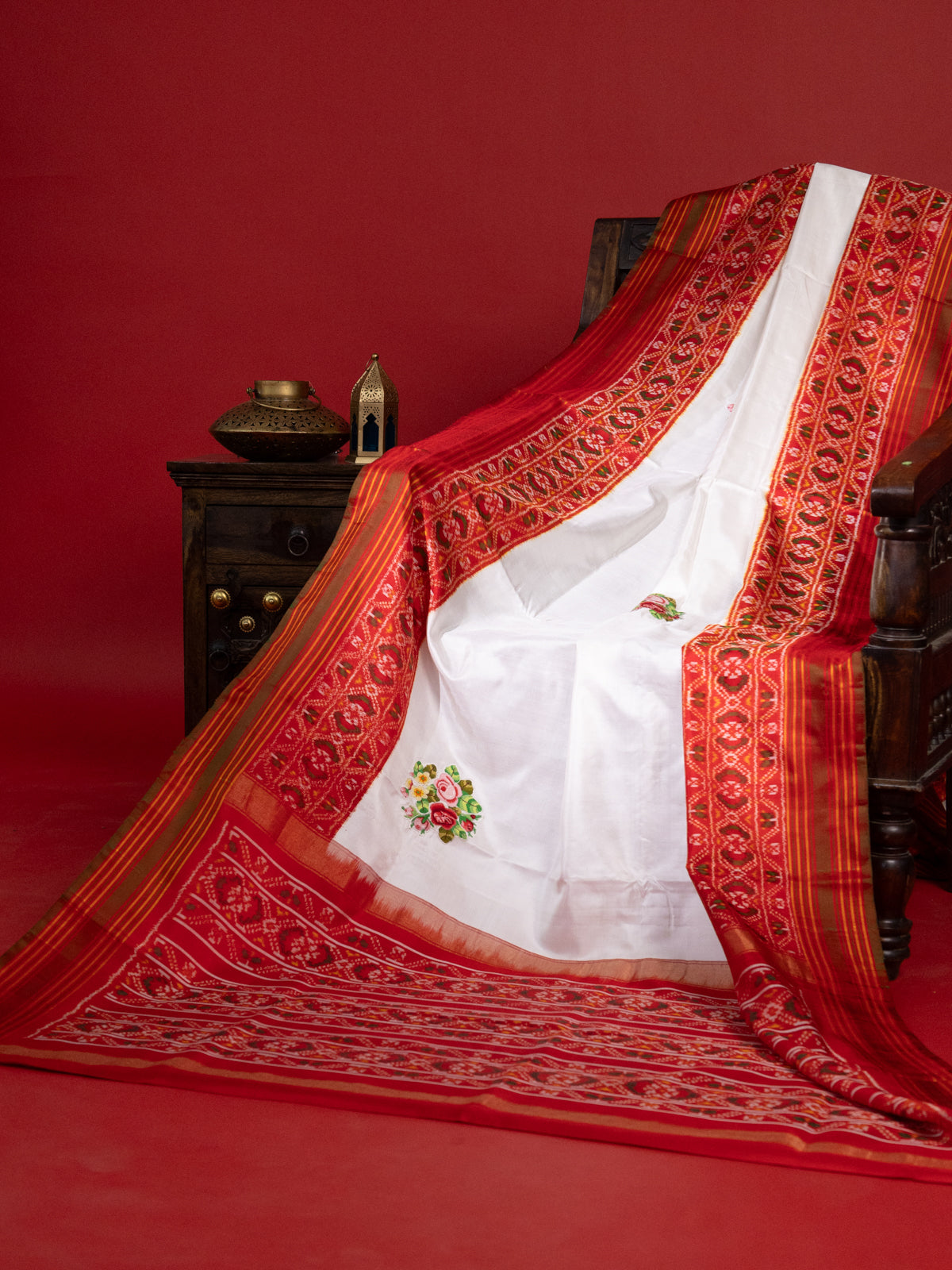 Off White & Red Patan Patola Silk Saree With Petit Point Embroidery