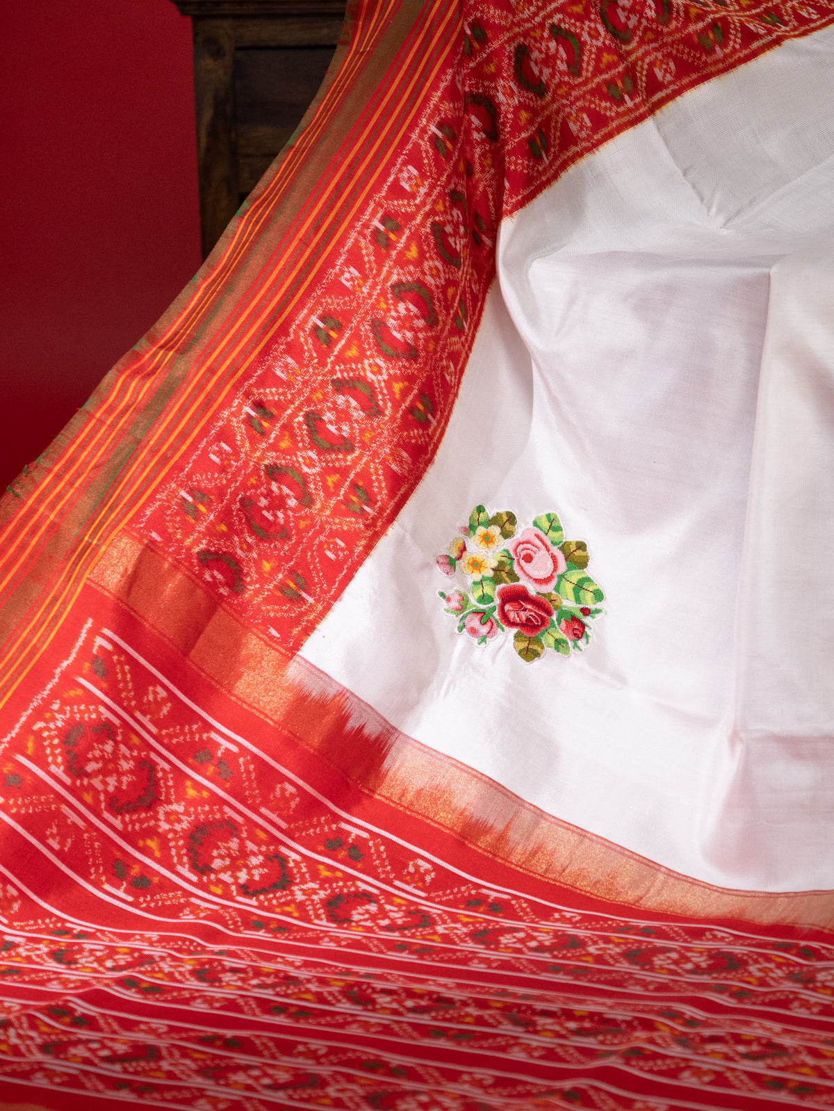 Off White & Red Patan Patola Silk Saree With Petit Point Embroidery