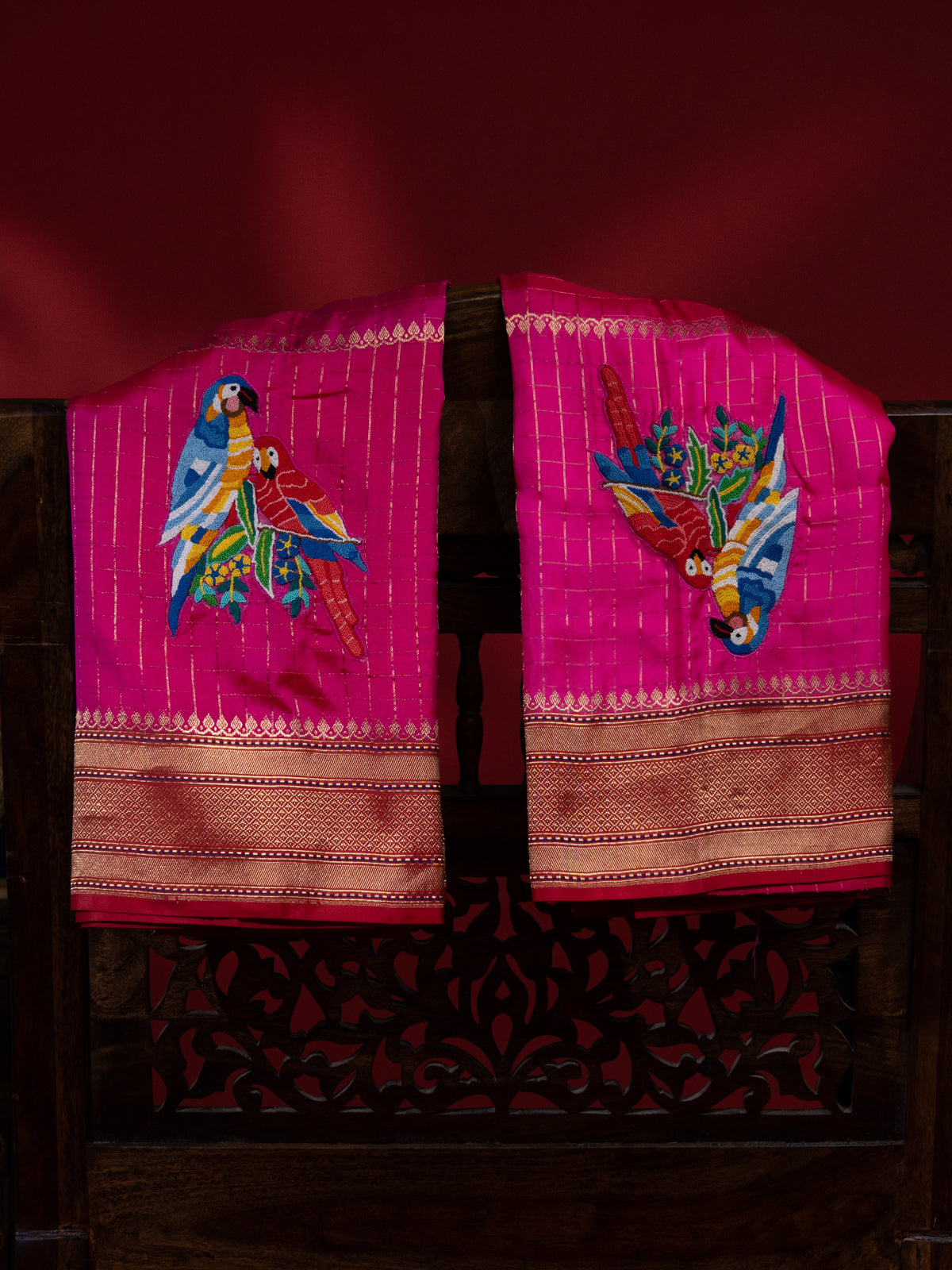 Rani Pink Banarasi Silk Saree With French Knot Embroidery
