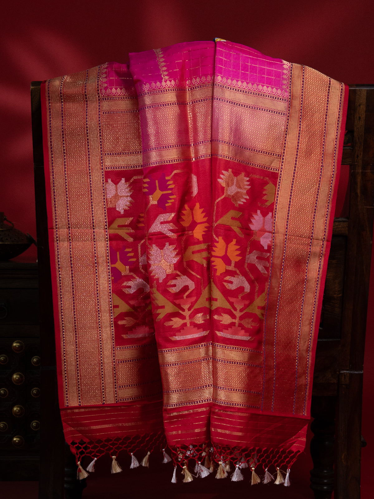 Rani Pink Banarasi Silk Saree With French Knot Embroidery
