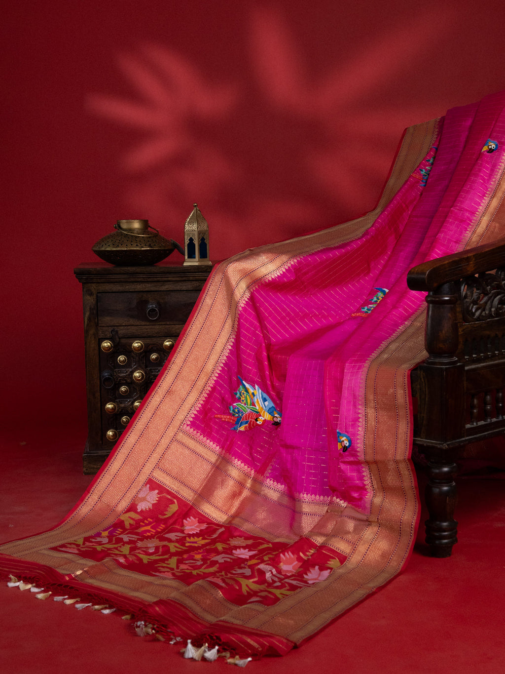 Rani Pink Banarasi Silk Saree With French Knot Embroidery