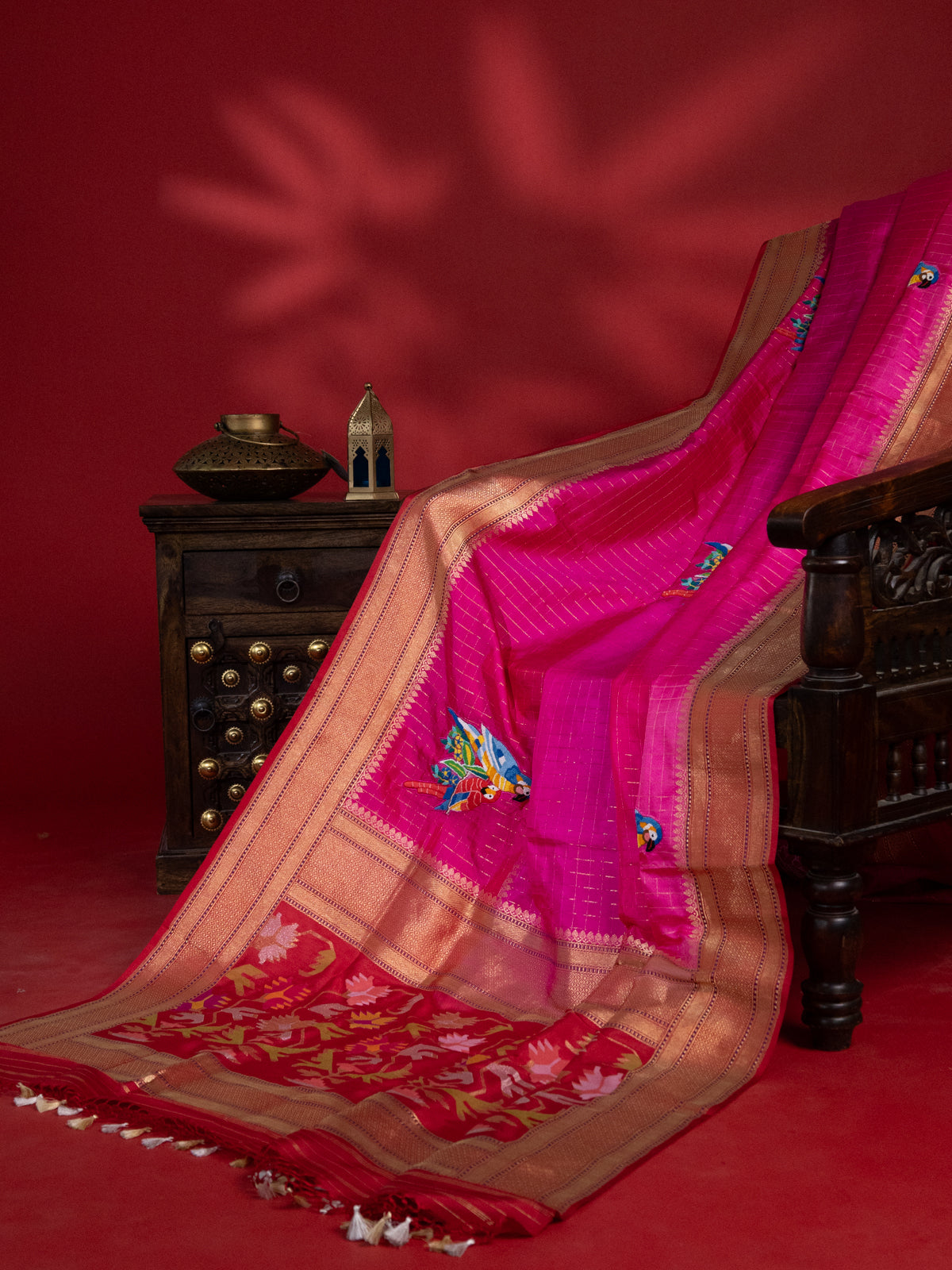 Rani Pink Banarasi Silk Saree With French Knot Embroidery