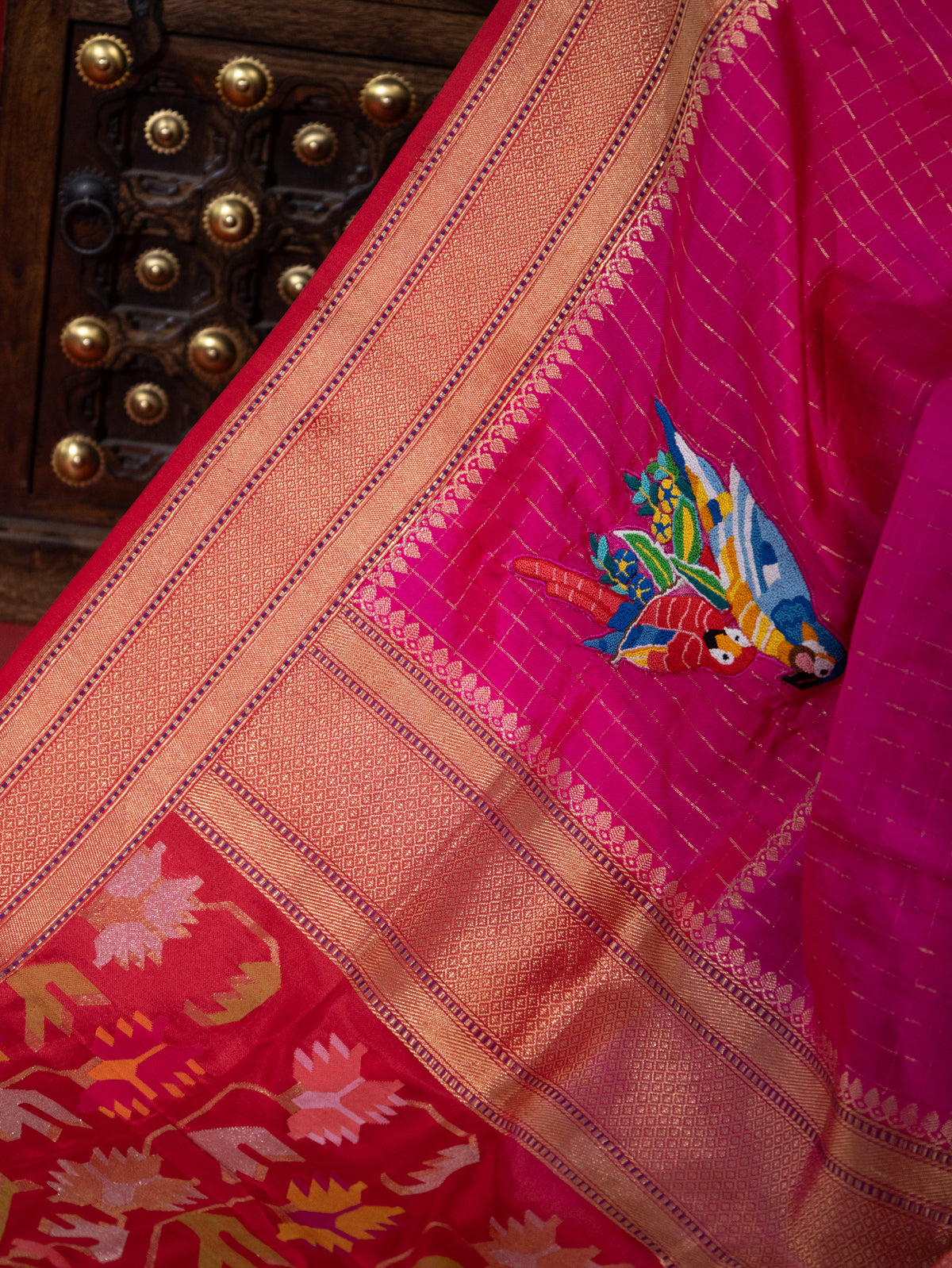 Rani Pink Banarasi Silk Saree With French Knot Embroidery