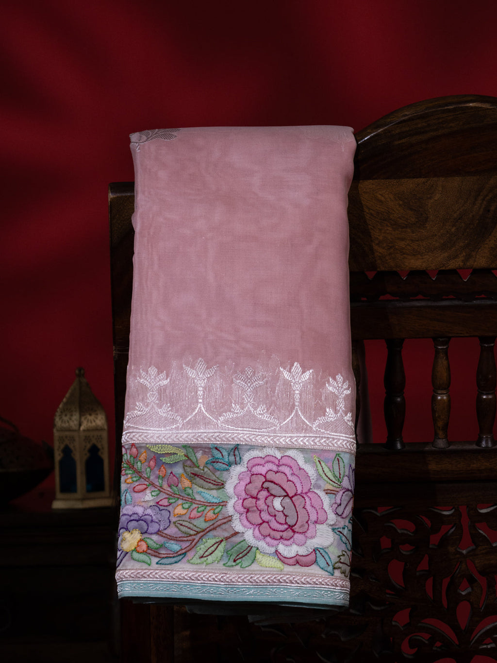 Peach Pink Organza Silk Saree With Border Embroidery