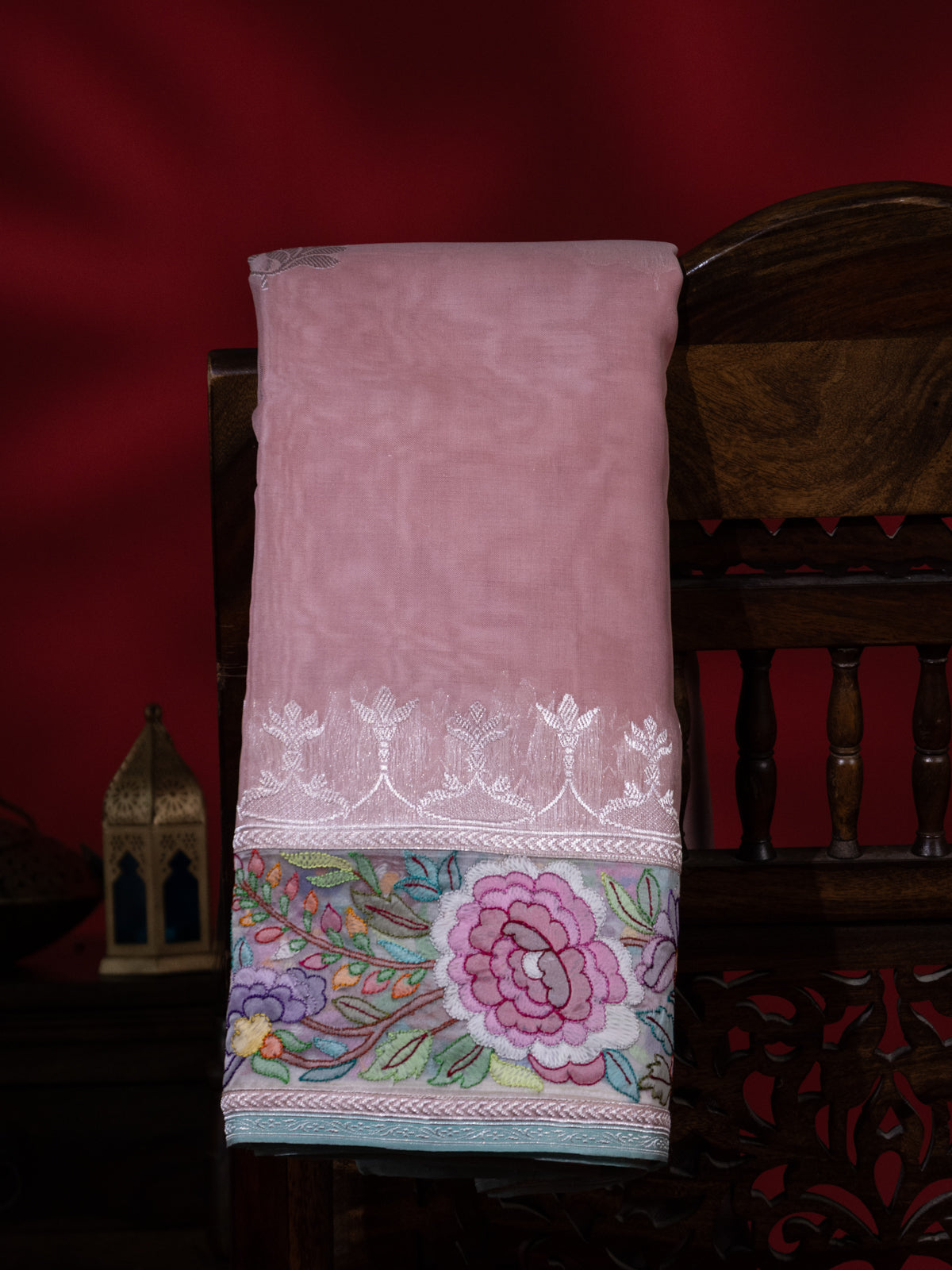 Peach Pink Organza Silk Saree With Border Embroidery