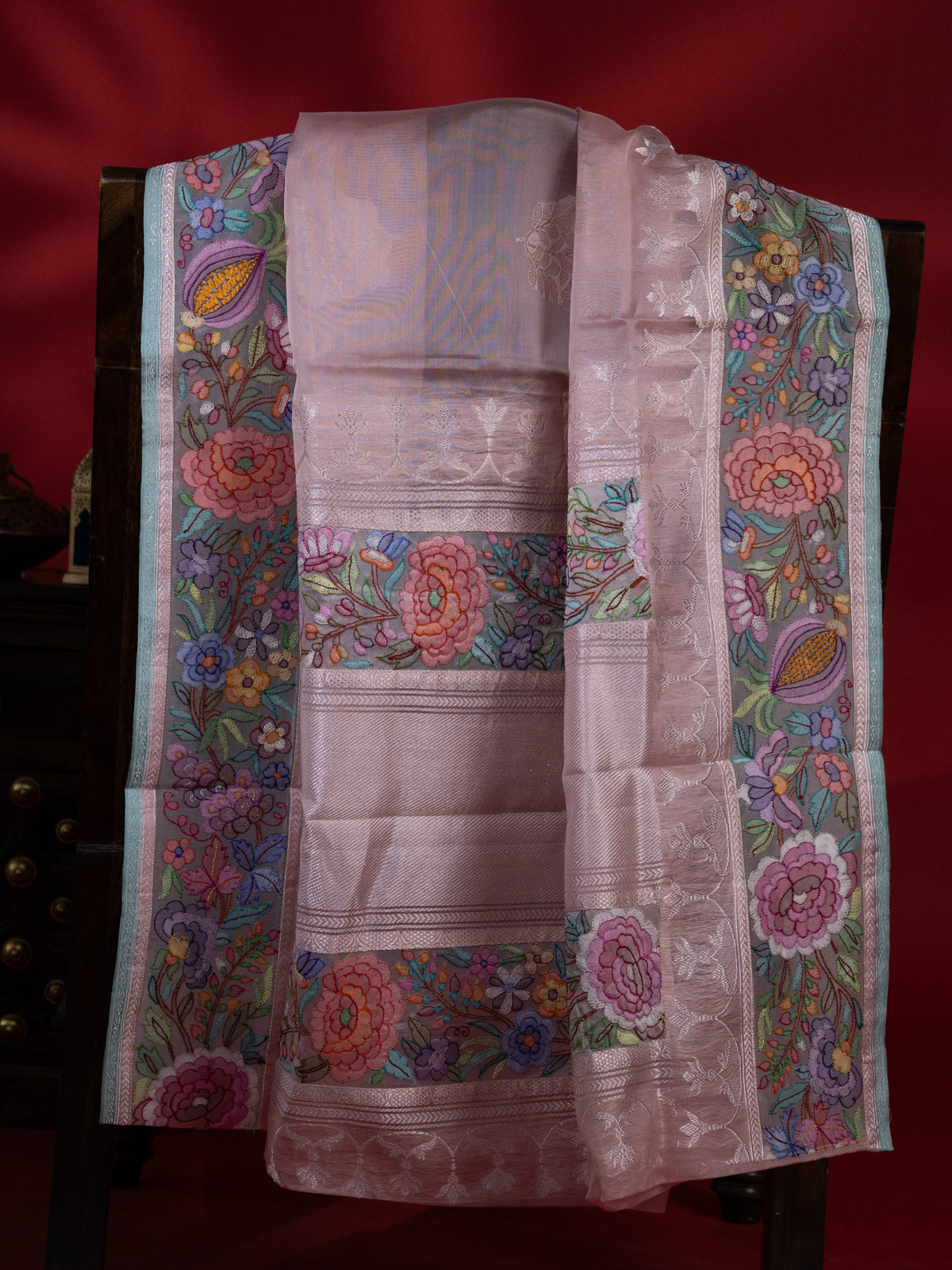 Peach Pink Organza Silk Saree With Border Embroidery