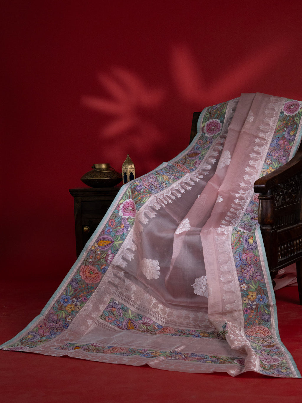 Peach Pink Organza Silk Saree With Border Embroidery