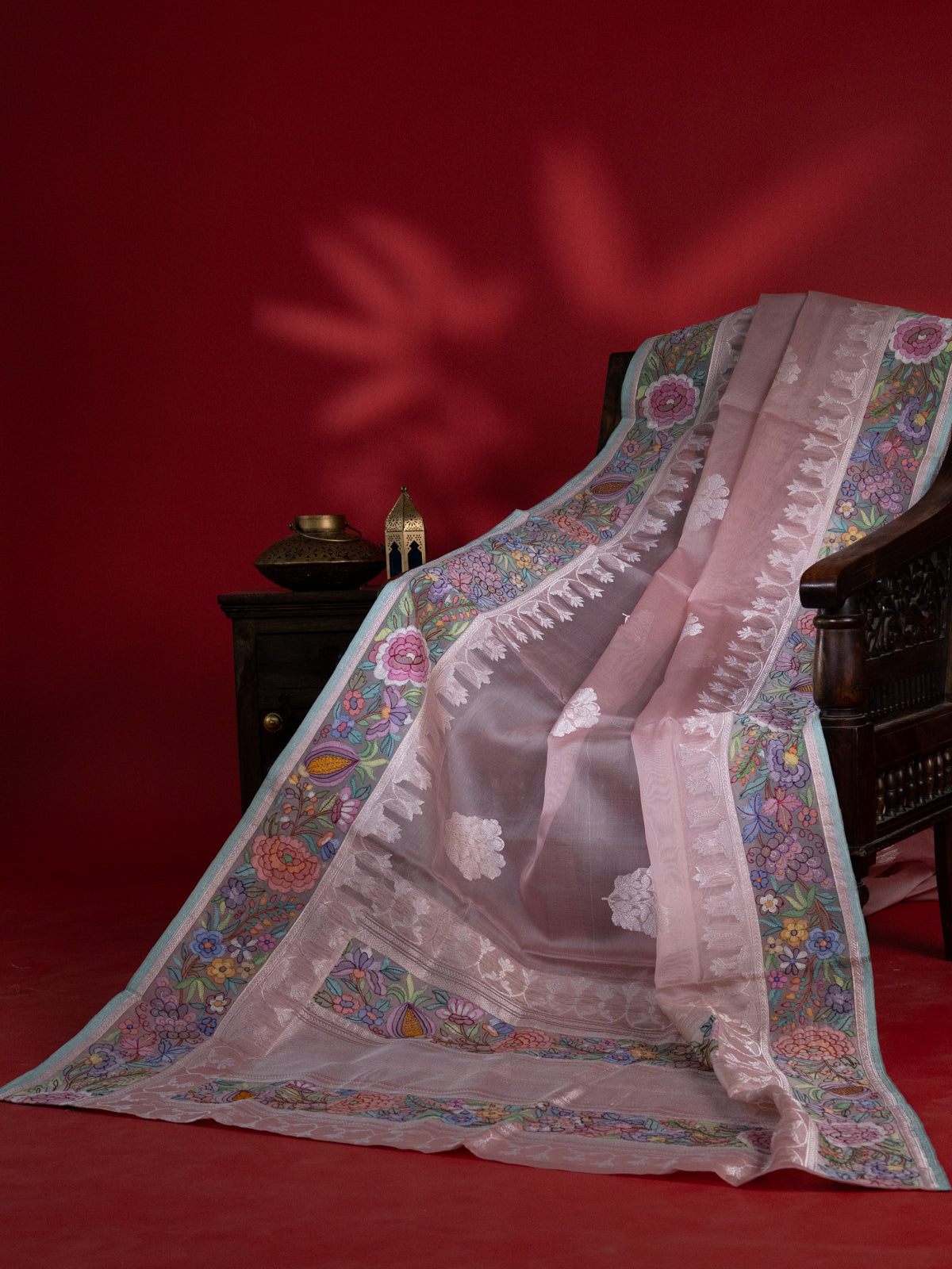Peach Pink Organza Silk Saree With Border Embroidery