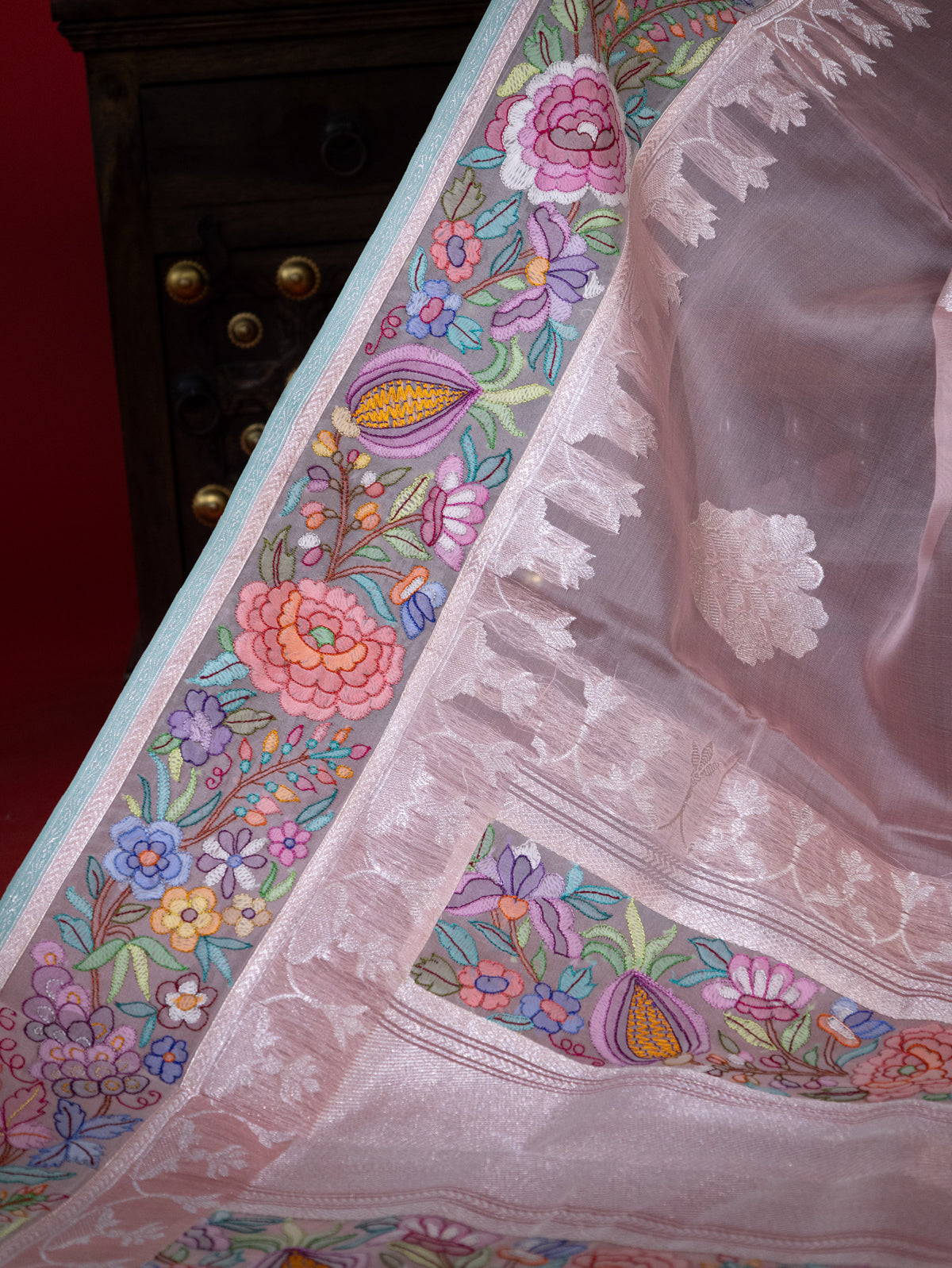 Peach Pink Organza Silk Saree With Border Embroidery