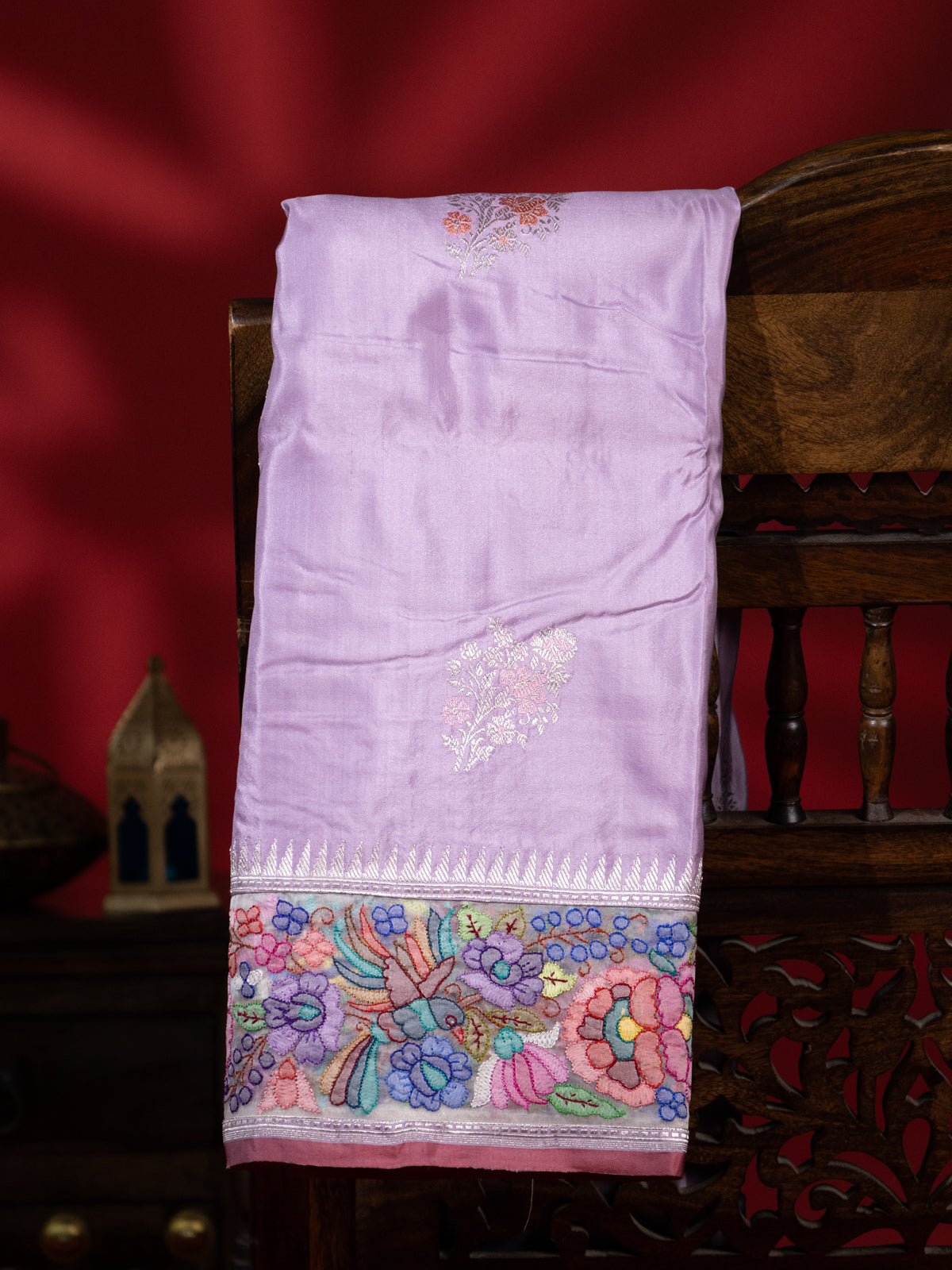 Lavender Banarasi Silk Saree With Convent Embroidery