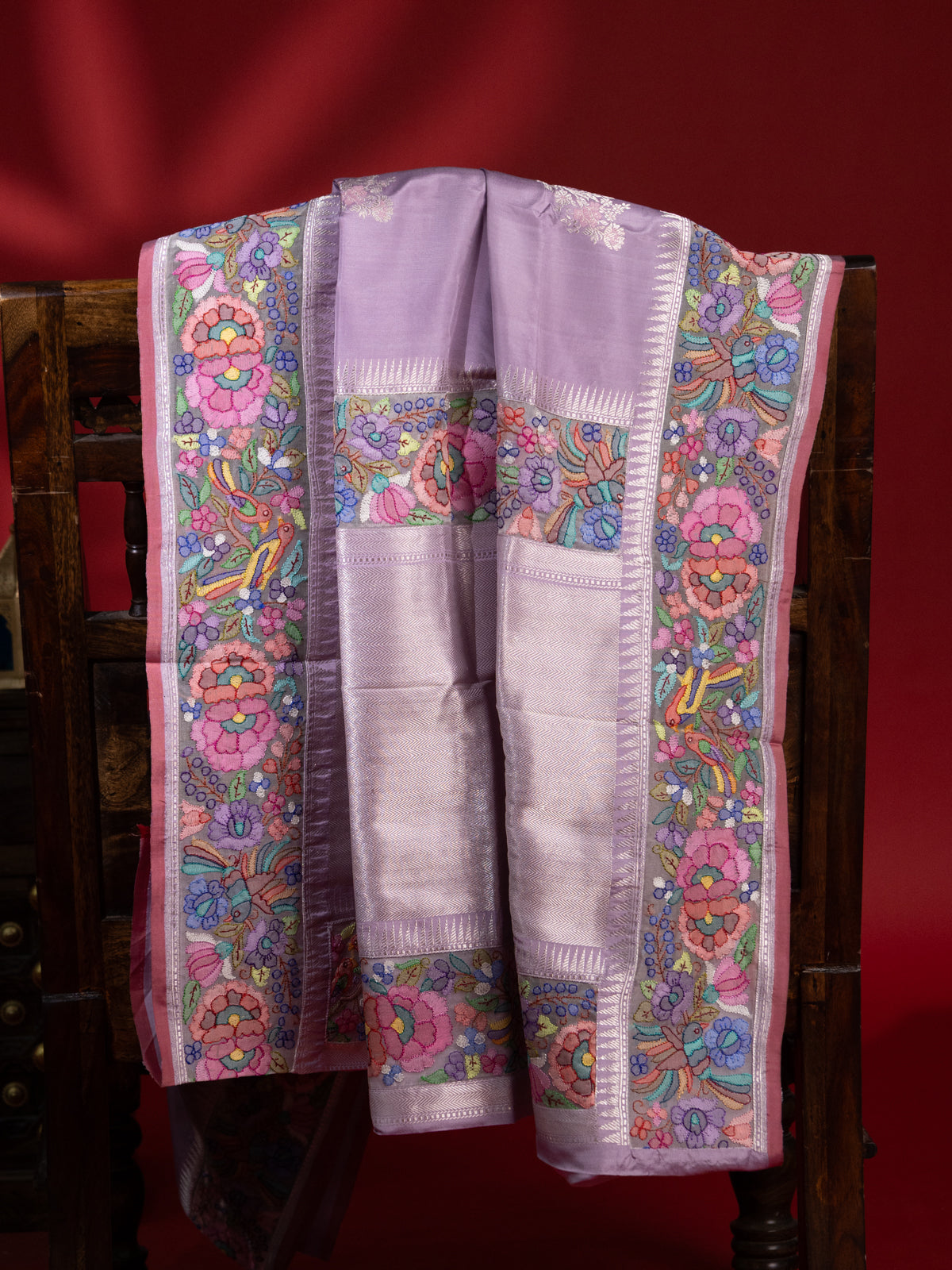 Lavender Banarasi Silk Saree With Convent Embroidery