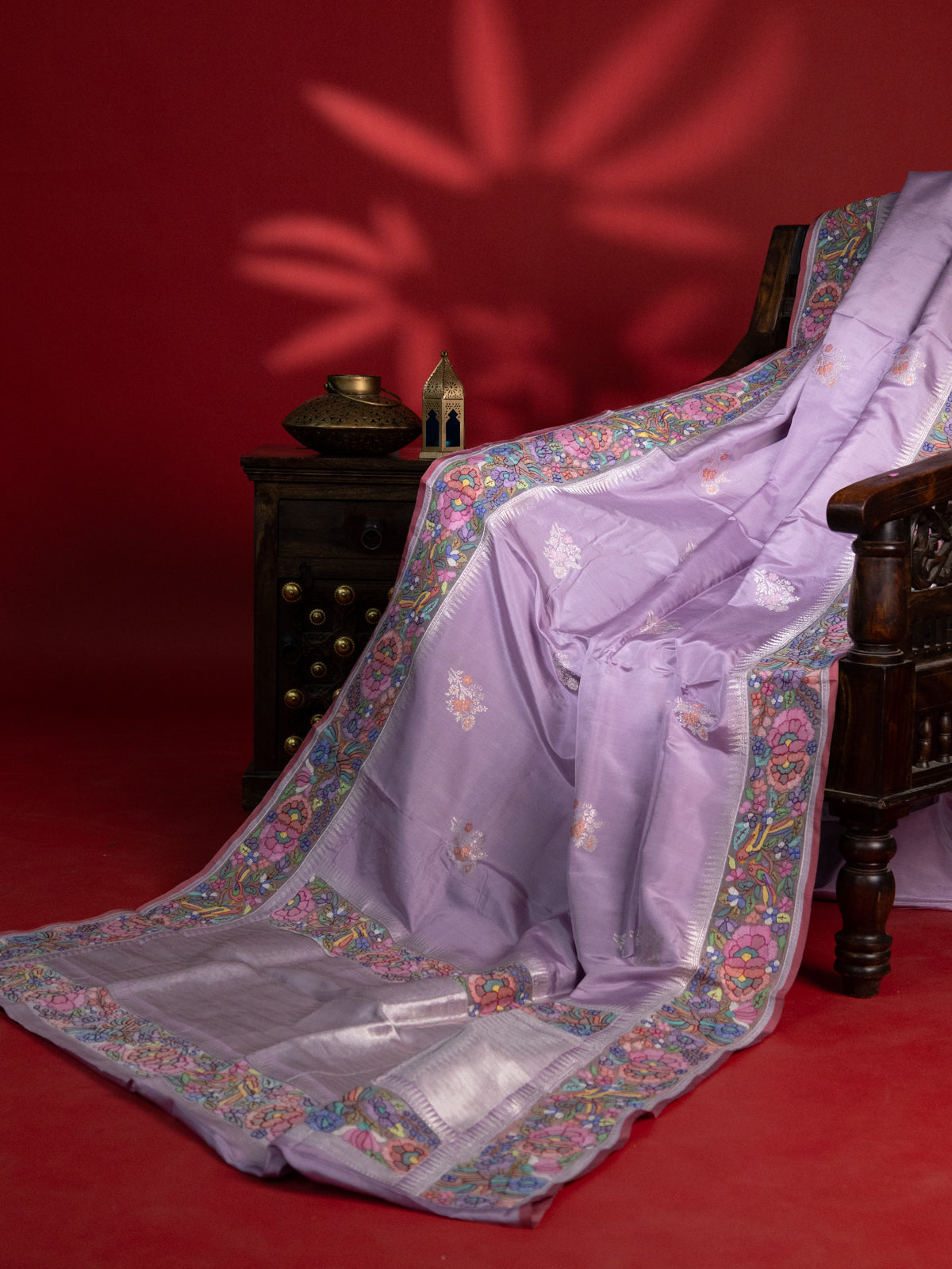 Lavender Banarasi Silk Saree With Convent Embroidery