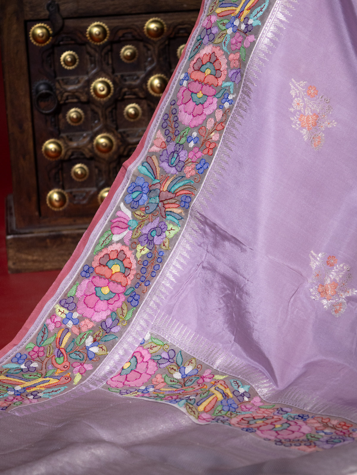 Lavender Banarasi Silk Saree With Convent Embroidery