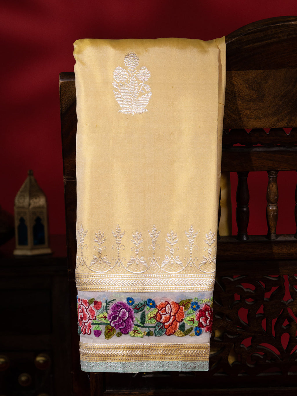 Pale Yellow Banarasi Silk Saree With Convent Embroidery