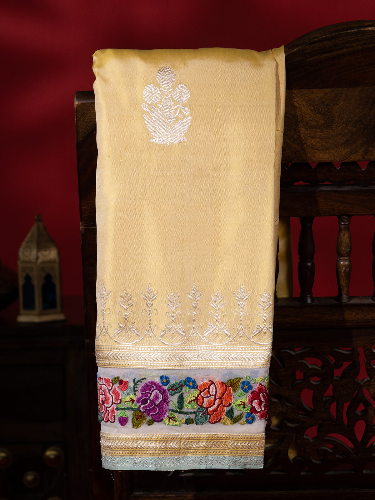 Pale Yellow Banarasi Silk Saree With Convent Embroidery