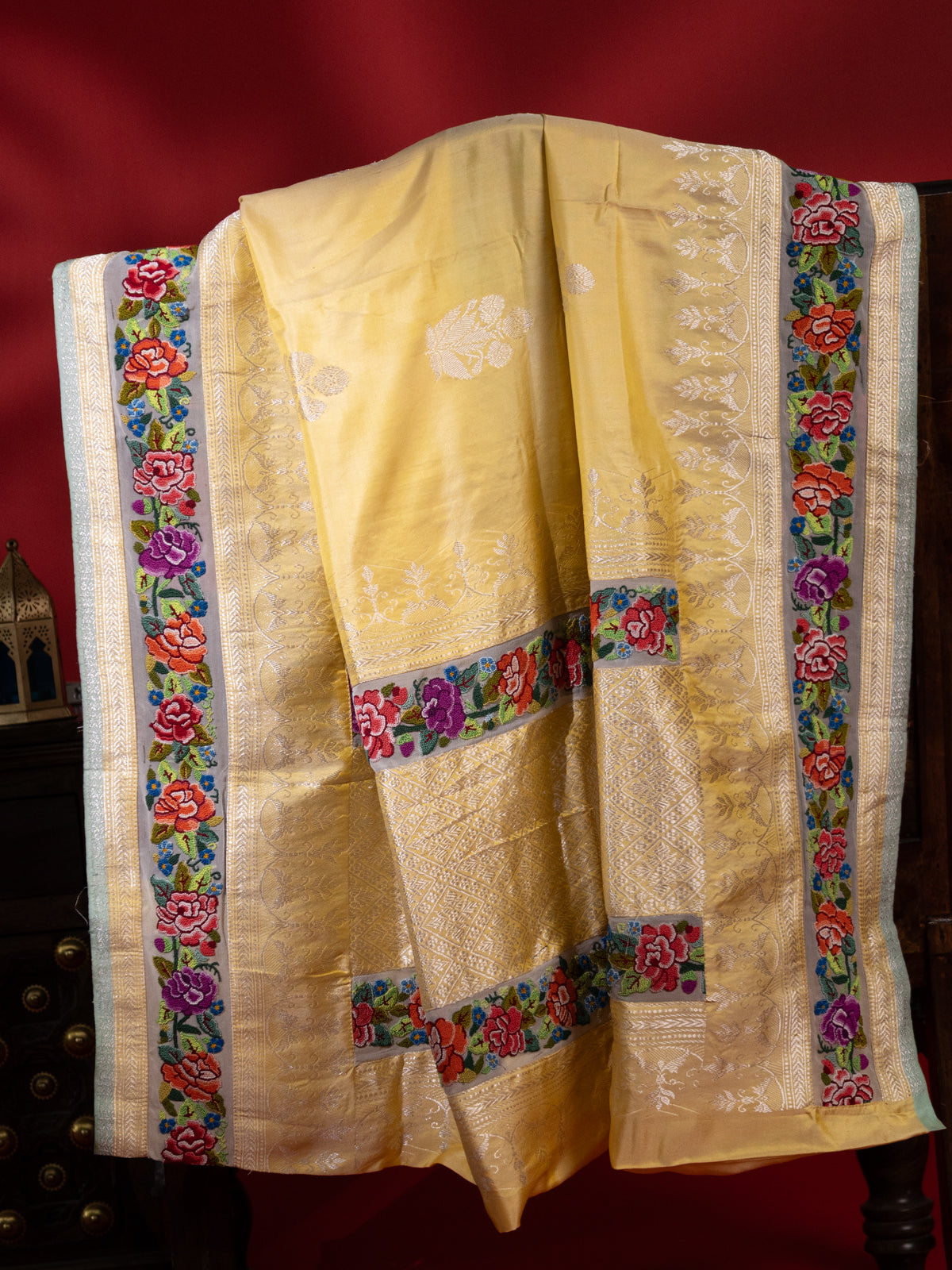 Pale Yellow Banarasi Silk Saree With Convent Embroidery
