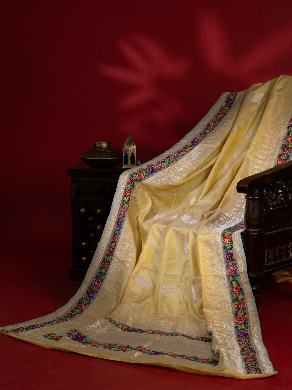 Pale Yellow Banarasi Silk Saree With Convent Embroidery