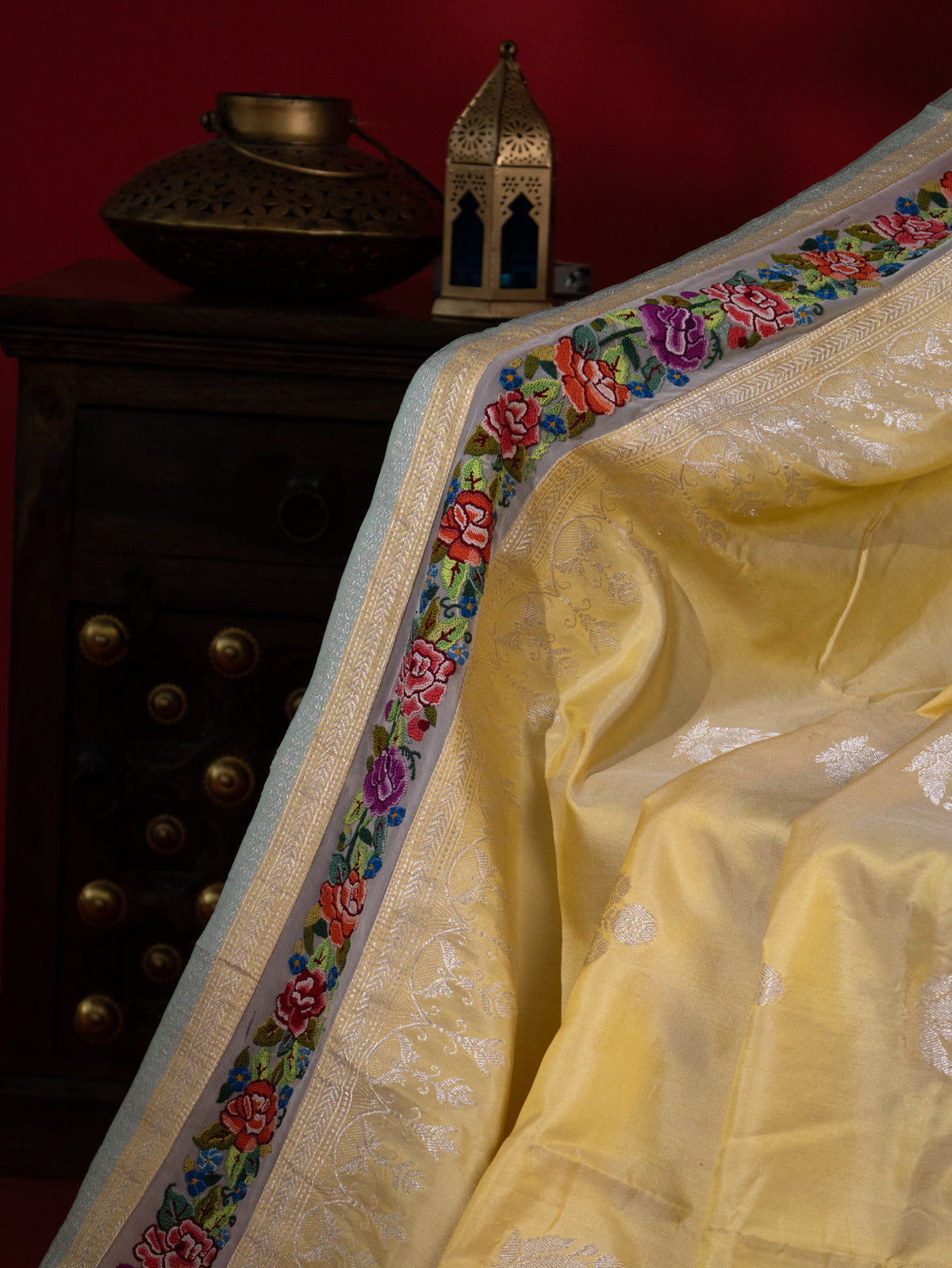 Pale Yellow Banarasi Silk Saree With Convent Embroidery