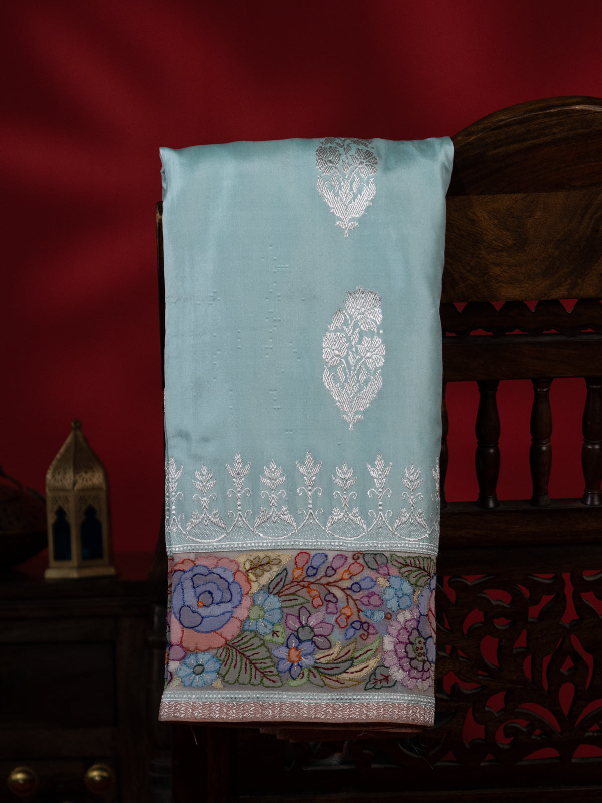 Pastel Blue Banarasi Silk Saree With Convent Embroidery