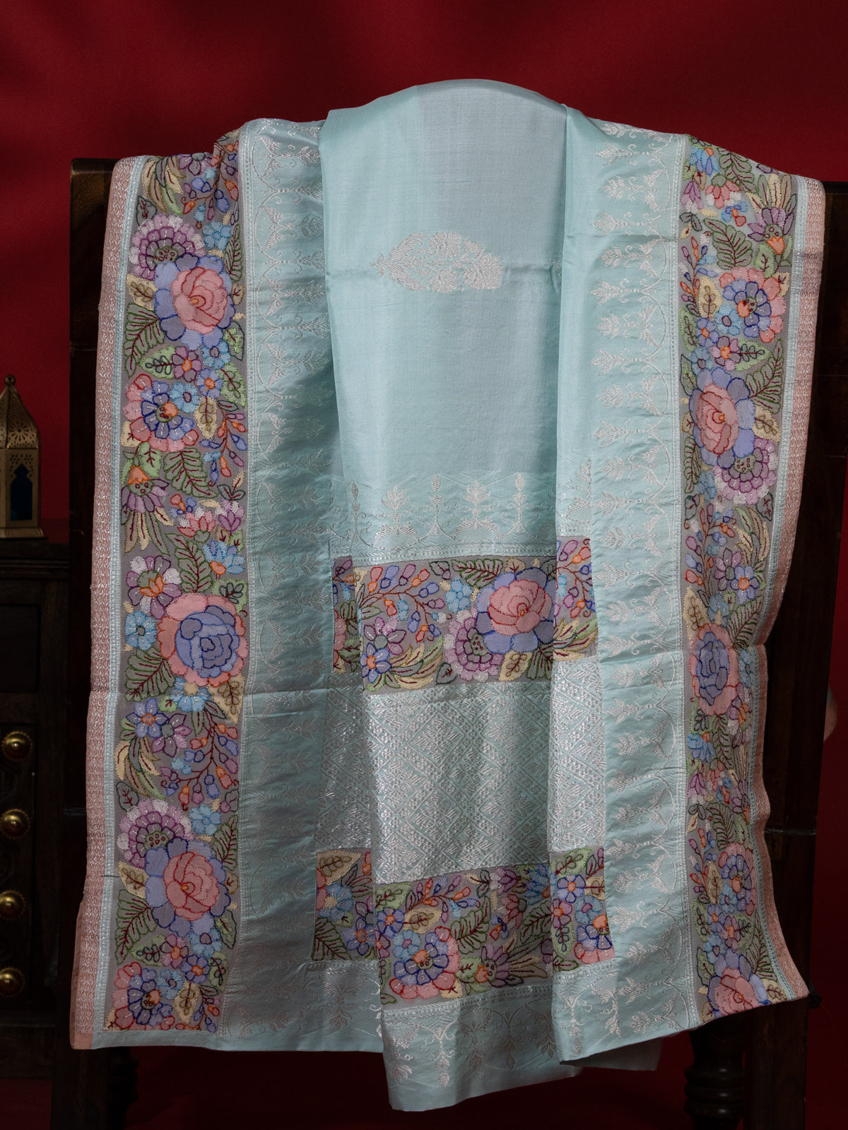 Pastel Blue Banarasi Silk Saree With Convent Embroidery