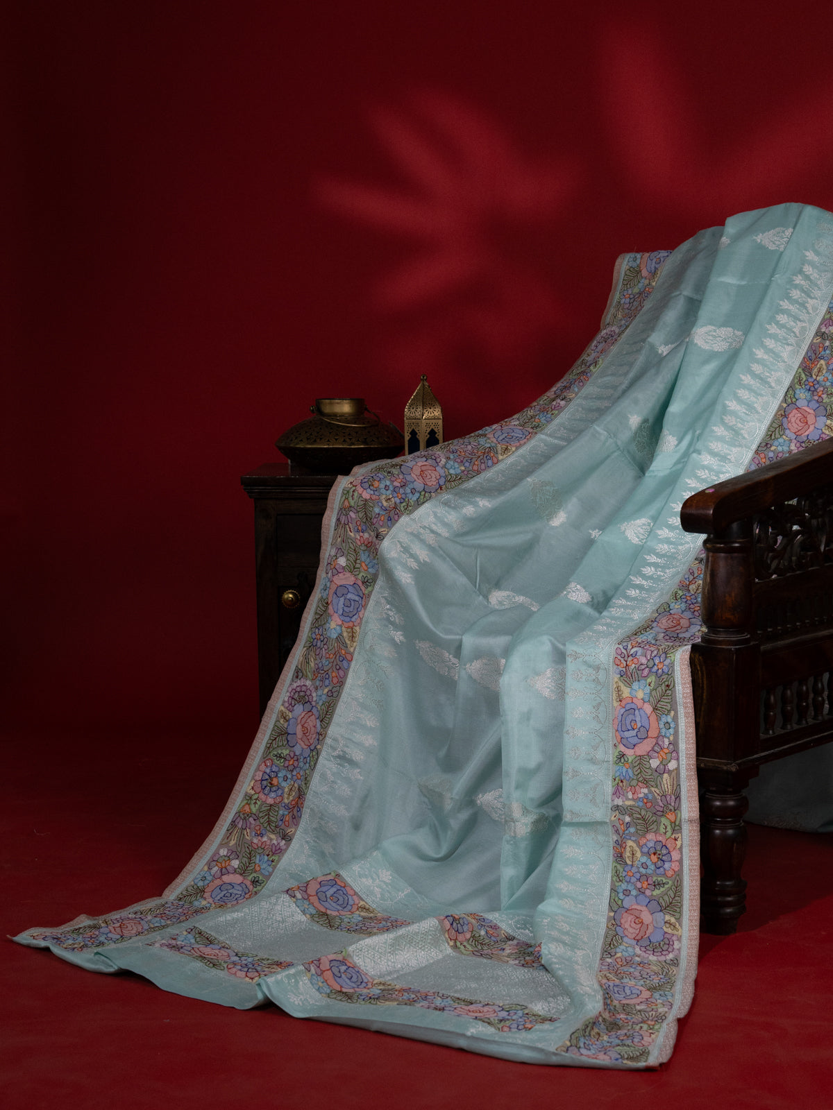 Pastel Blue Banarasi Silk Saree With Convent Embroidery