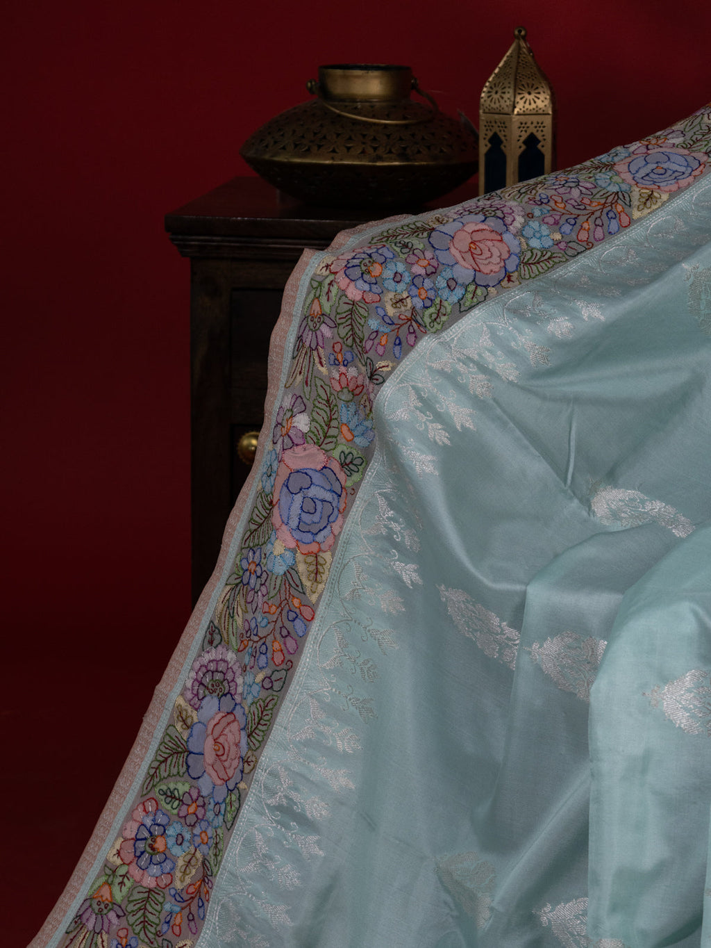Pastel Blue Banarasi Silk Saree With Convent Embroidery